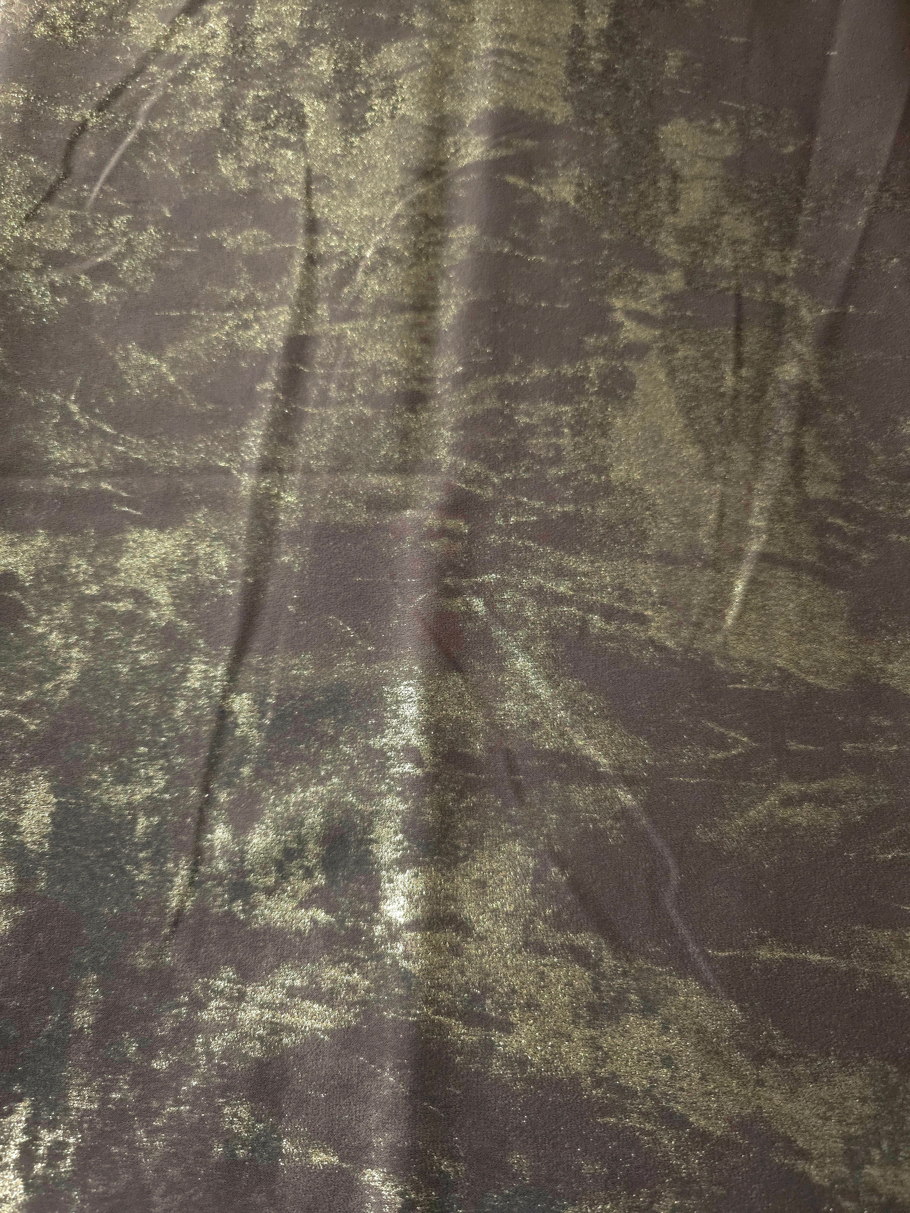 Flat view of Olive Bronze Lurex Italiano fabric showing the metallic foil surface and warm bronze-green tone.