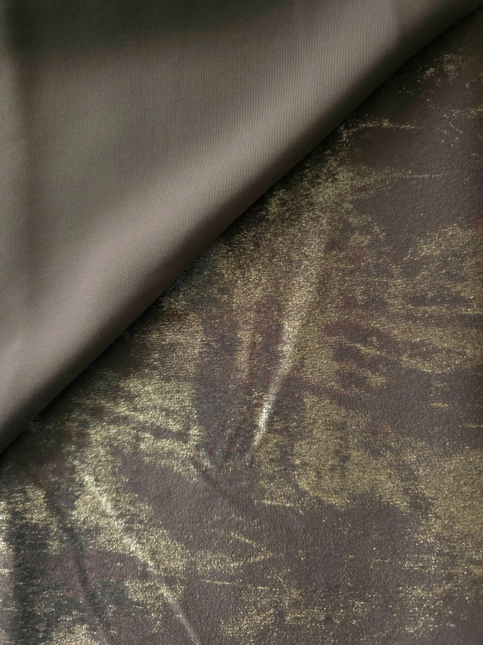 Reverse side of Olive Bronze Lurex Italiano fabric showing the backing and metallic finish for garment production.