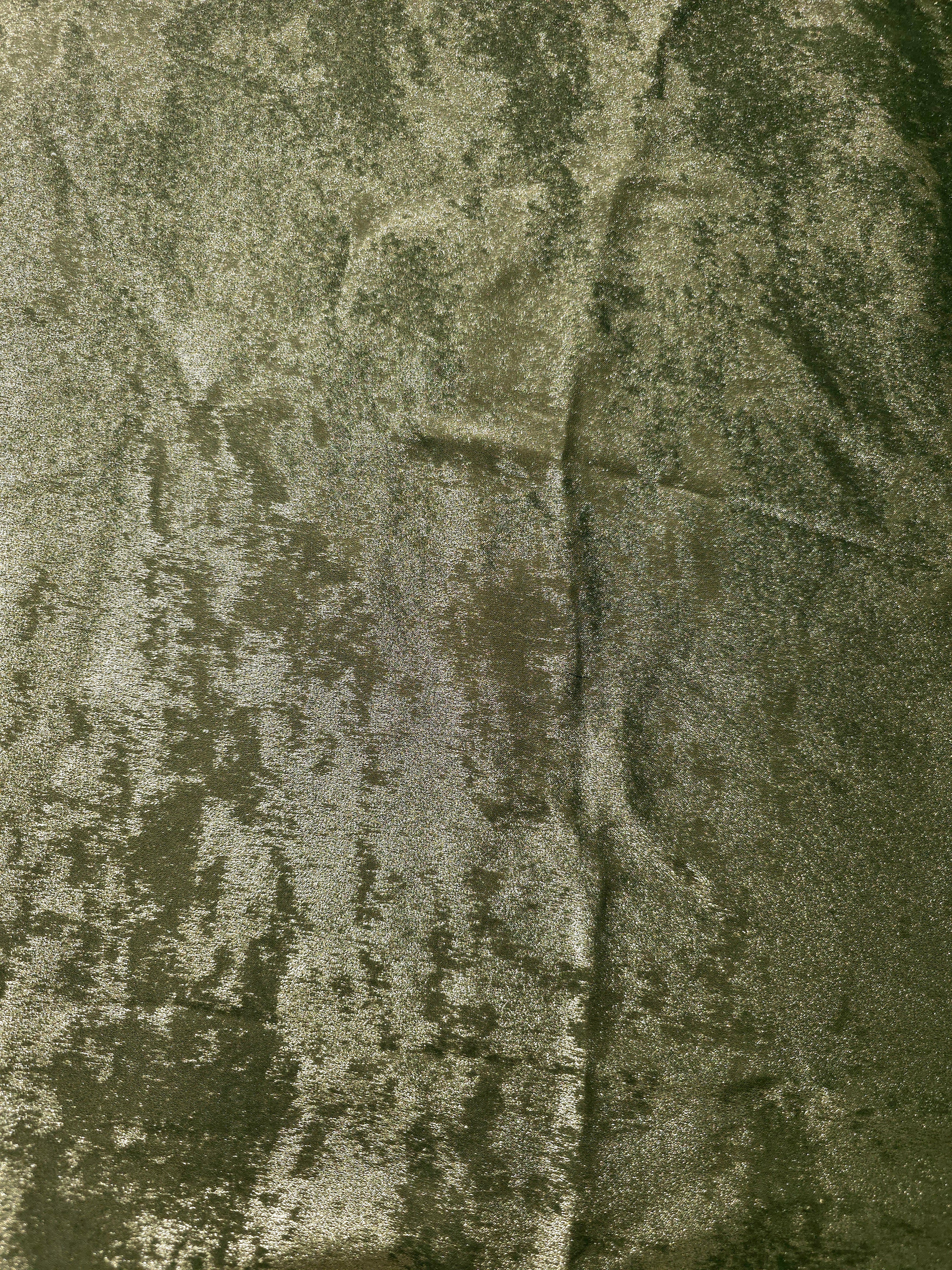 Flat view of Pewter Olive Lurex Italiano fabric showing its metallic foil surface for luxury apparel.