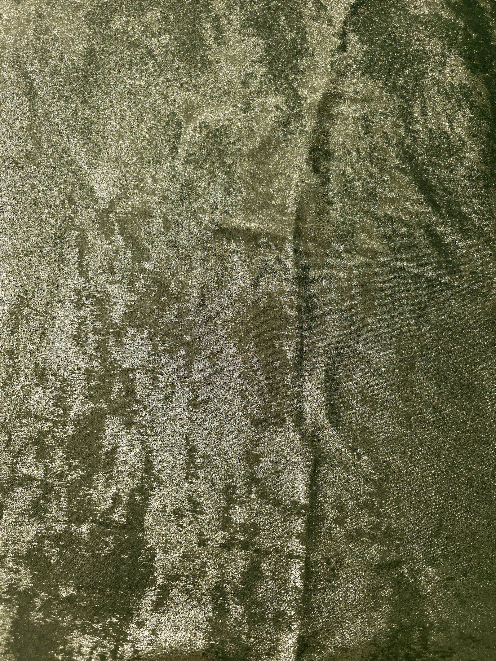 Flat view of Pewter Olive Lurex Italiano fabric showing its metallic foil surface for luxury apparel.