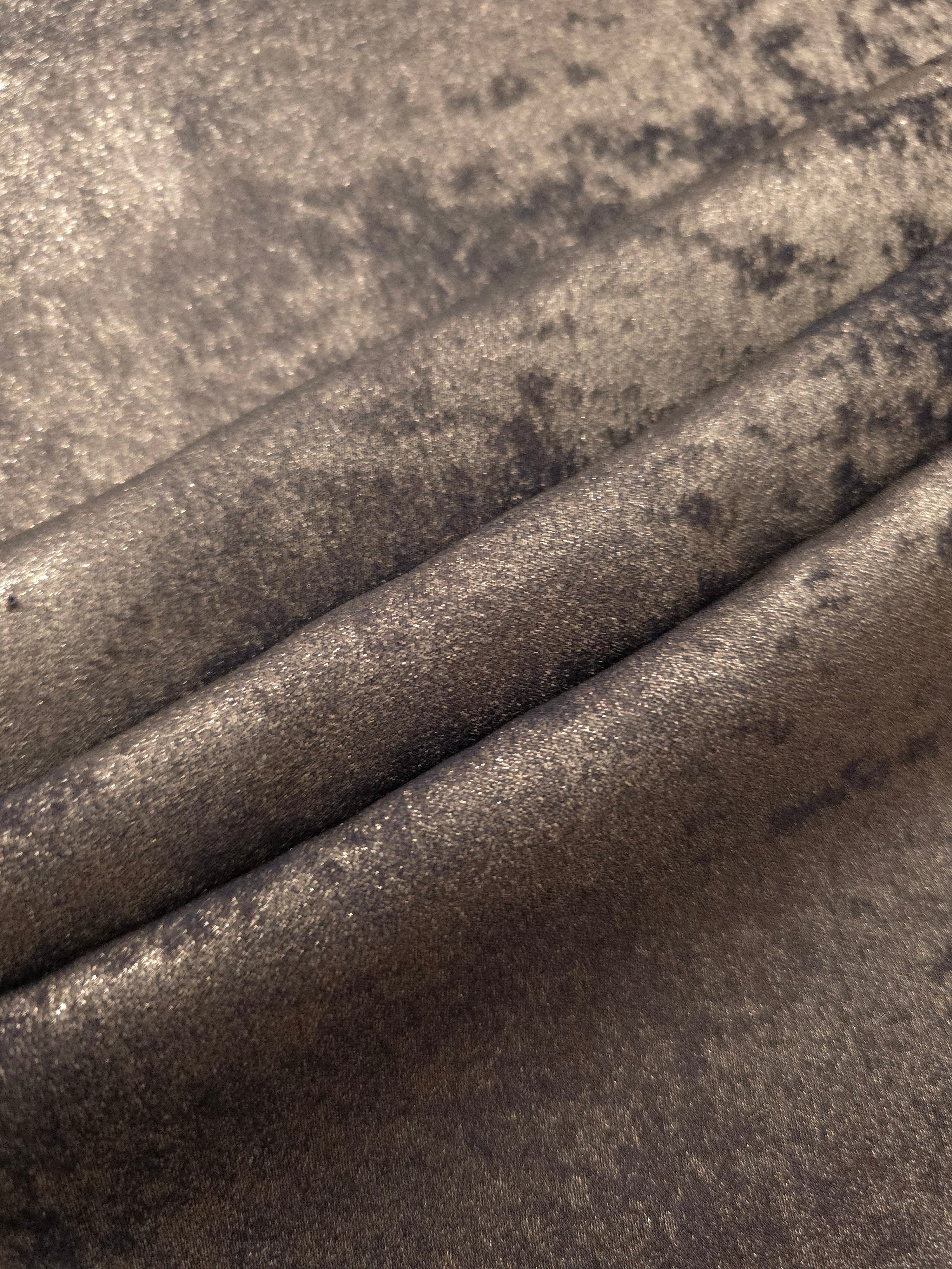 Rosette drape of Smoky Taupe Lurex Italiano fabric emphasizing shimmer for kaftans and occasionwear.