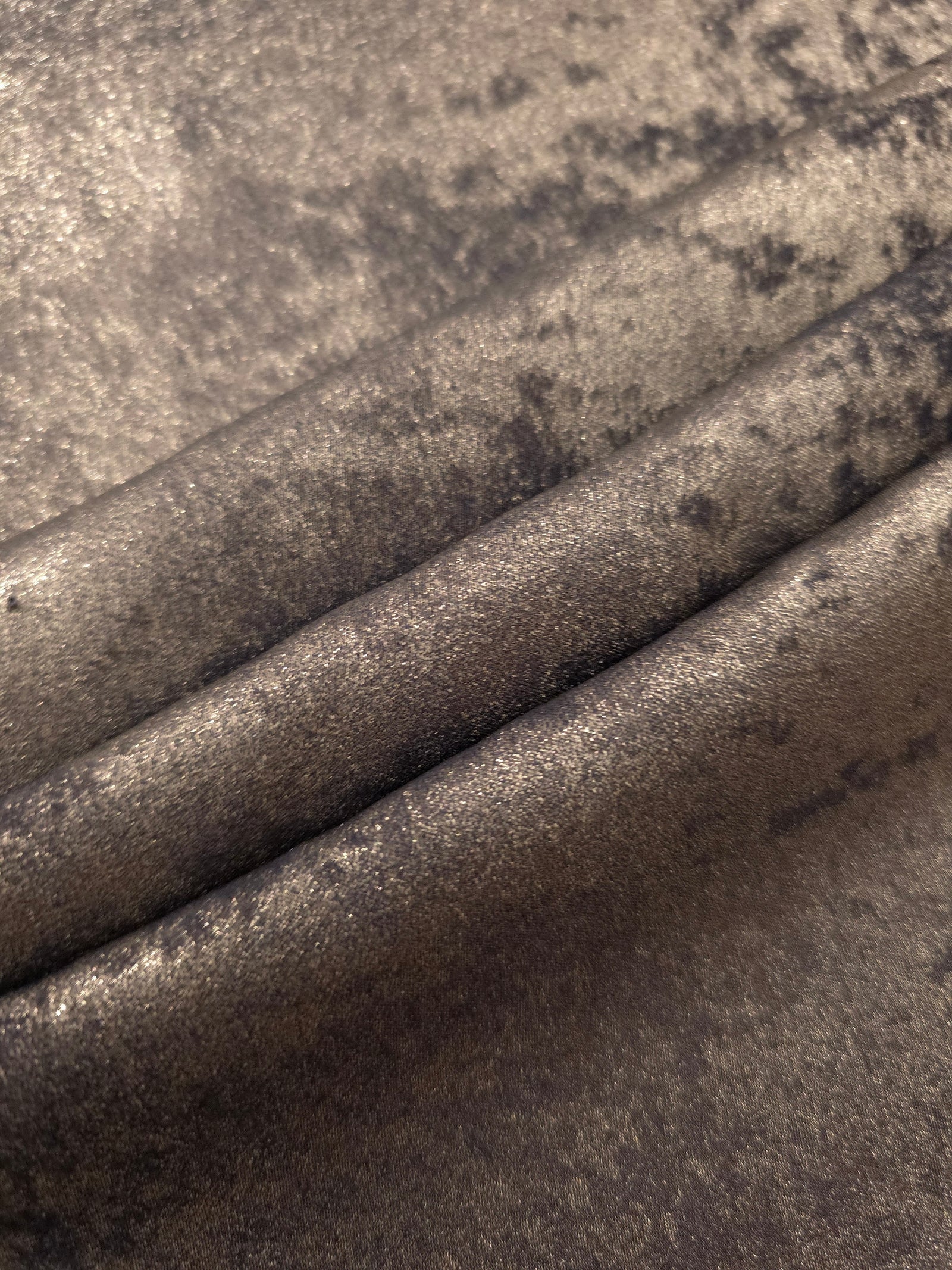 Rosette drape of Smoky Taupe Lurex Italiano fabric emphasizing shimmer for kaftans and occasionwear.