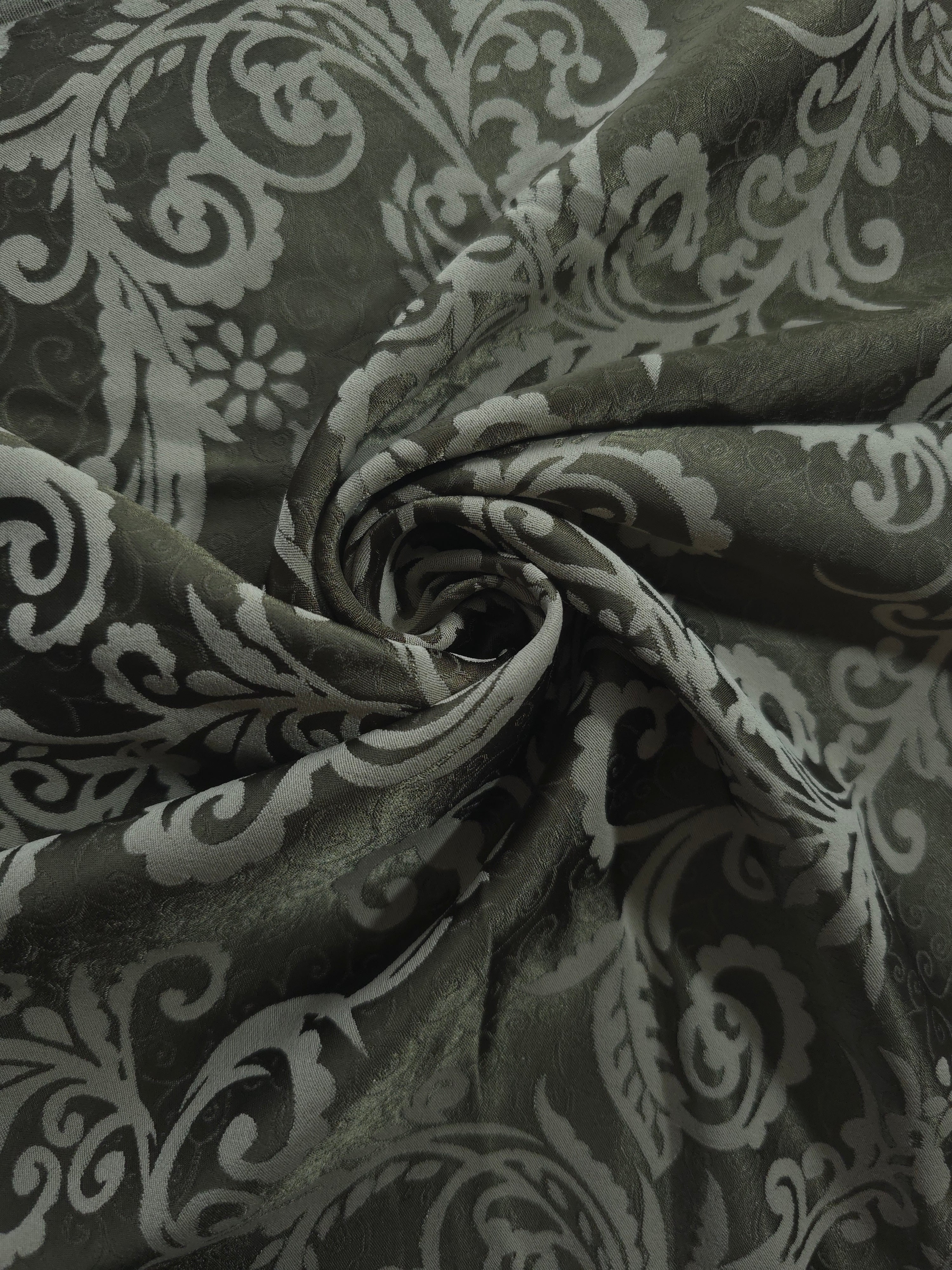 Olive baroque satin draped loosely, suited to buyers wanting an ornate pattern without high contrast