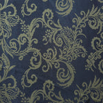 A wider section of the navy and olive-khaki baroque satin, shown to judge the ornate pattern at scale