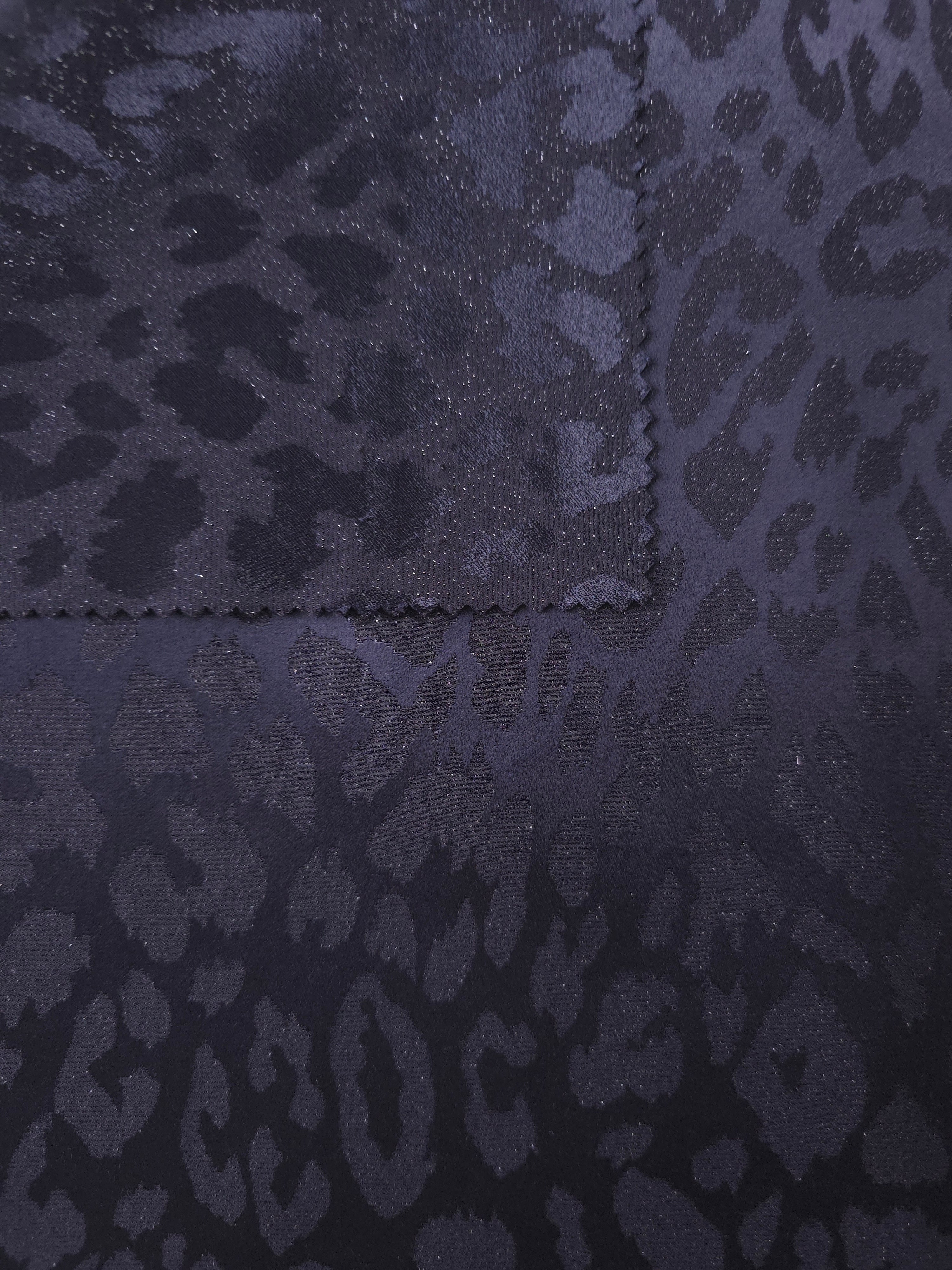 Front and back view of leopard metallic motif jacquard for texture and opacity checks.
