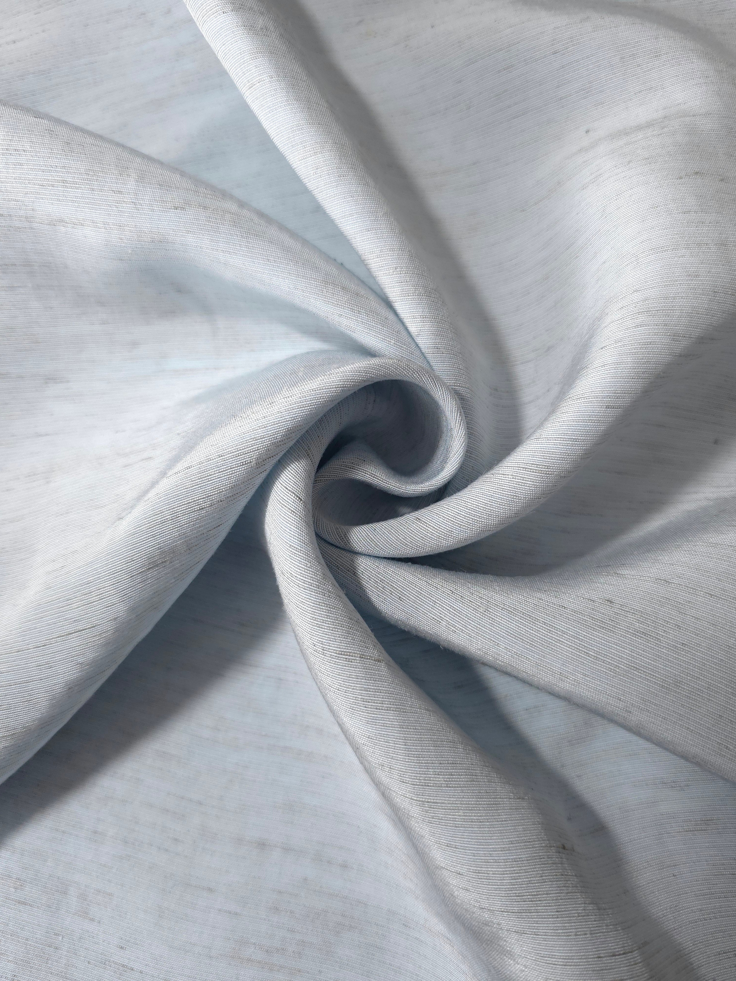 Cool grey-blue linen viscose plain fabric styled for modestwear, with a matte, soft-touch finish.