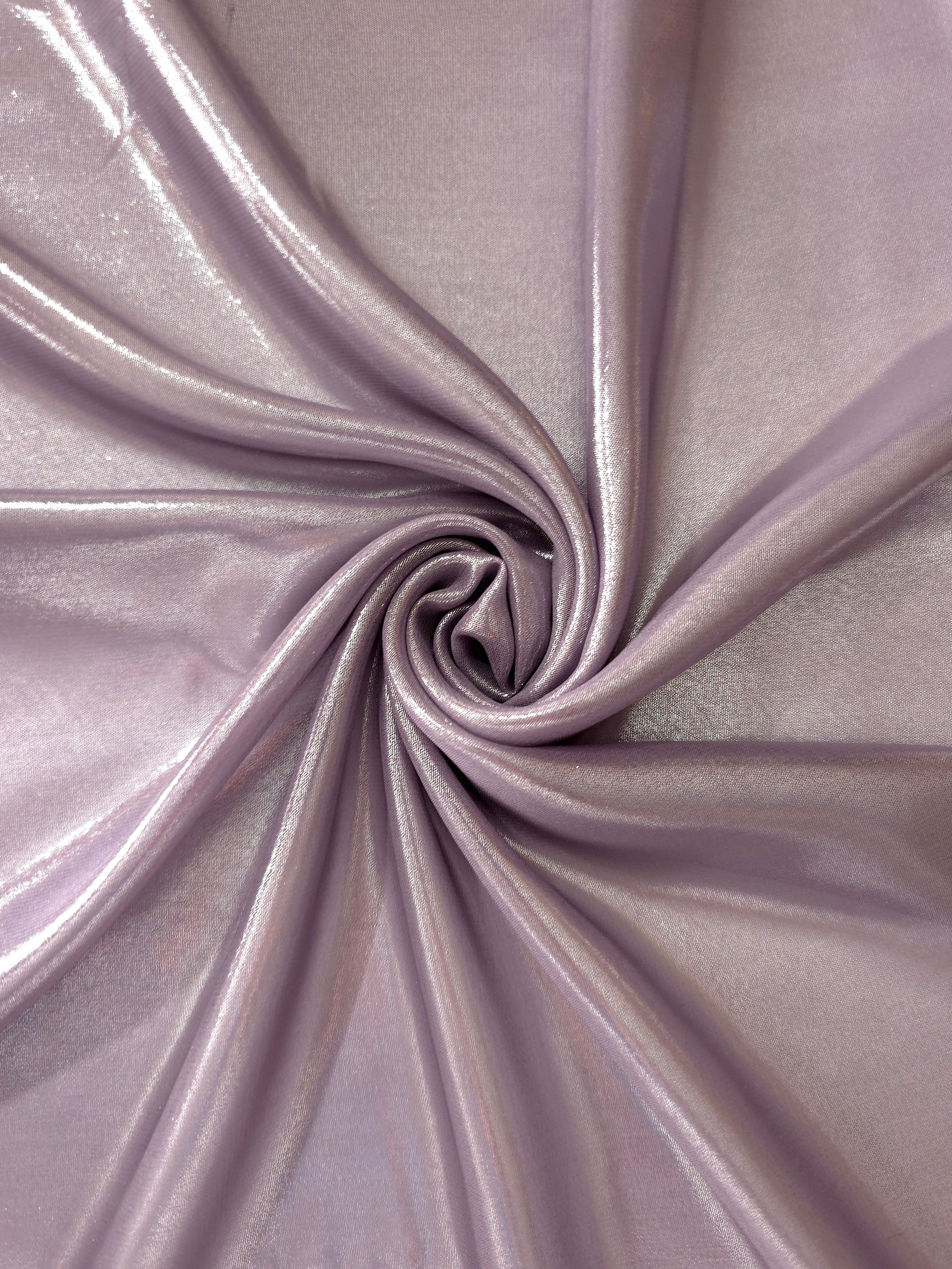 Dusty lilac shimmer close-up of liquid metallic shimmer chiffon fabric, showing lightweight reflective fabric texture and drape