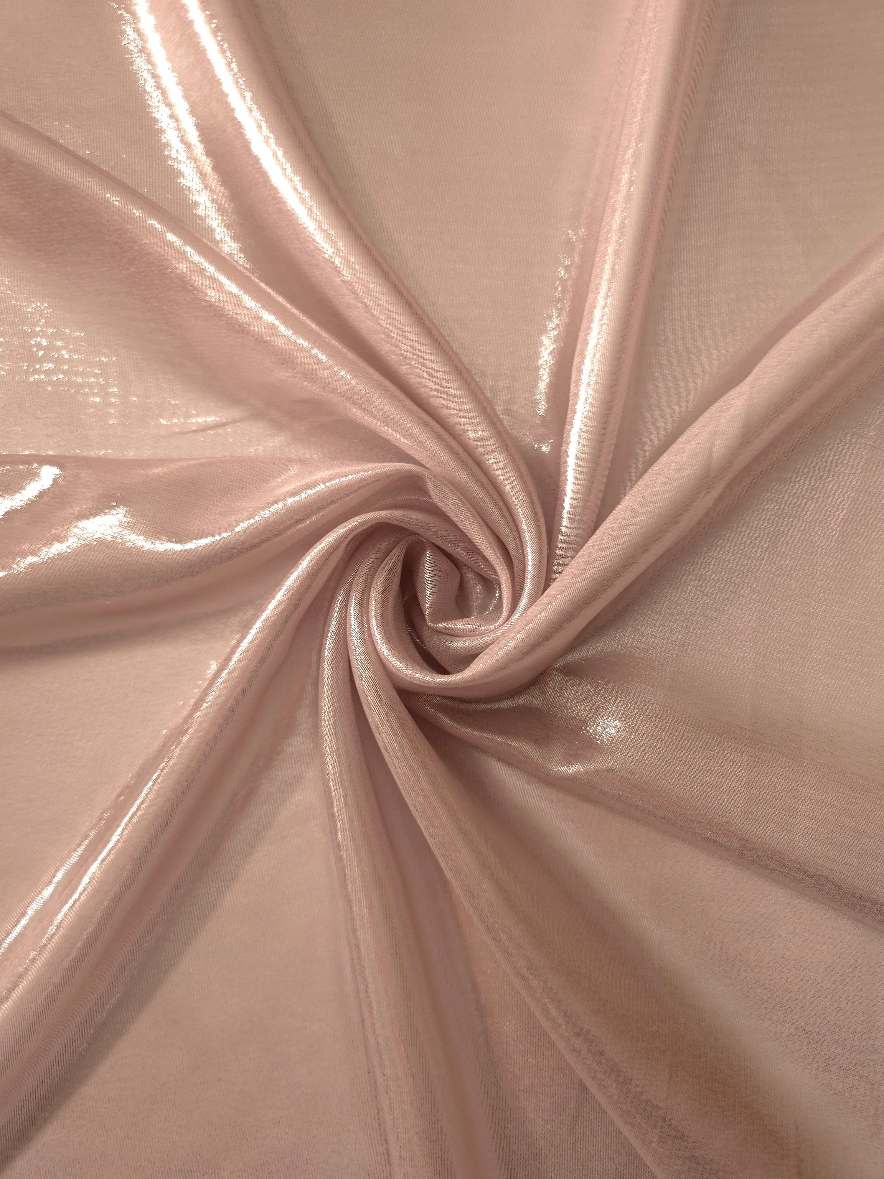 Mauve haze shimmer close-up of liquid metallic shimmer chiffon fabric, showing lightweight reflective fabric texture and drape