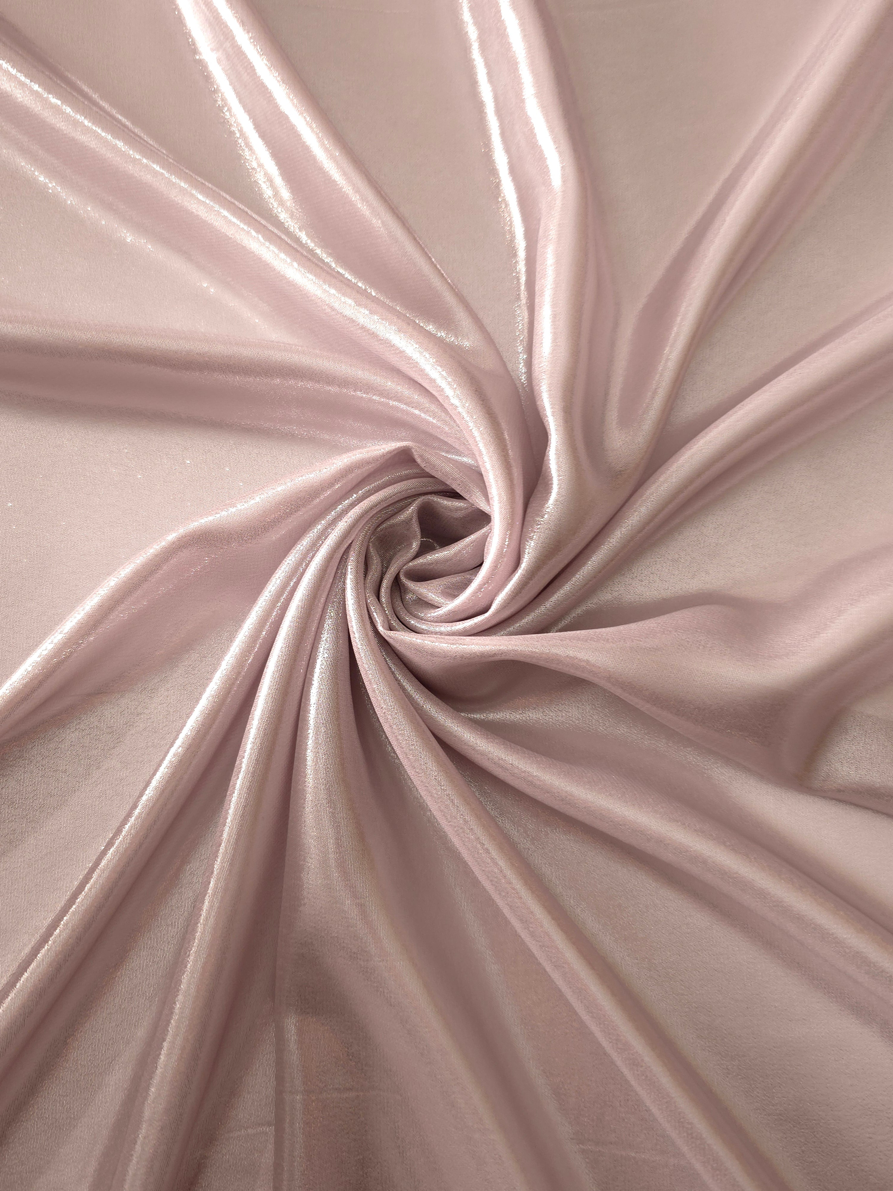 Rose blush soft draping of liquid metallic shimmer chiffon fabric, showing lightweight reflective fabric texture and drape