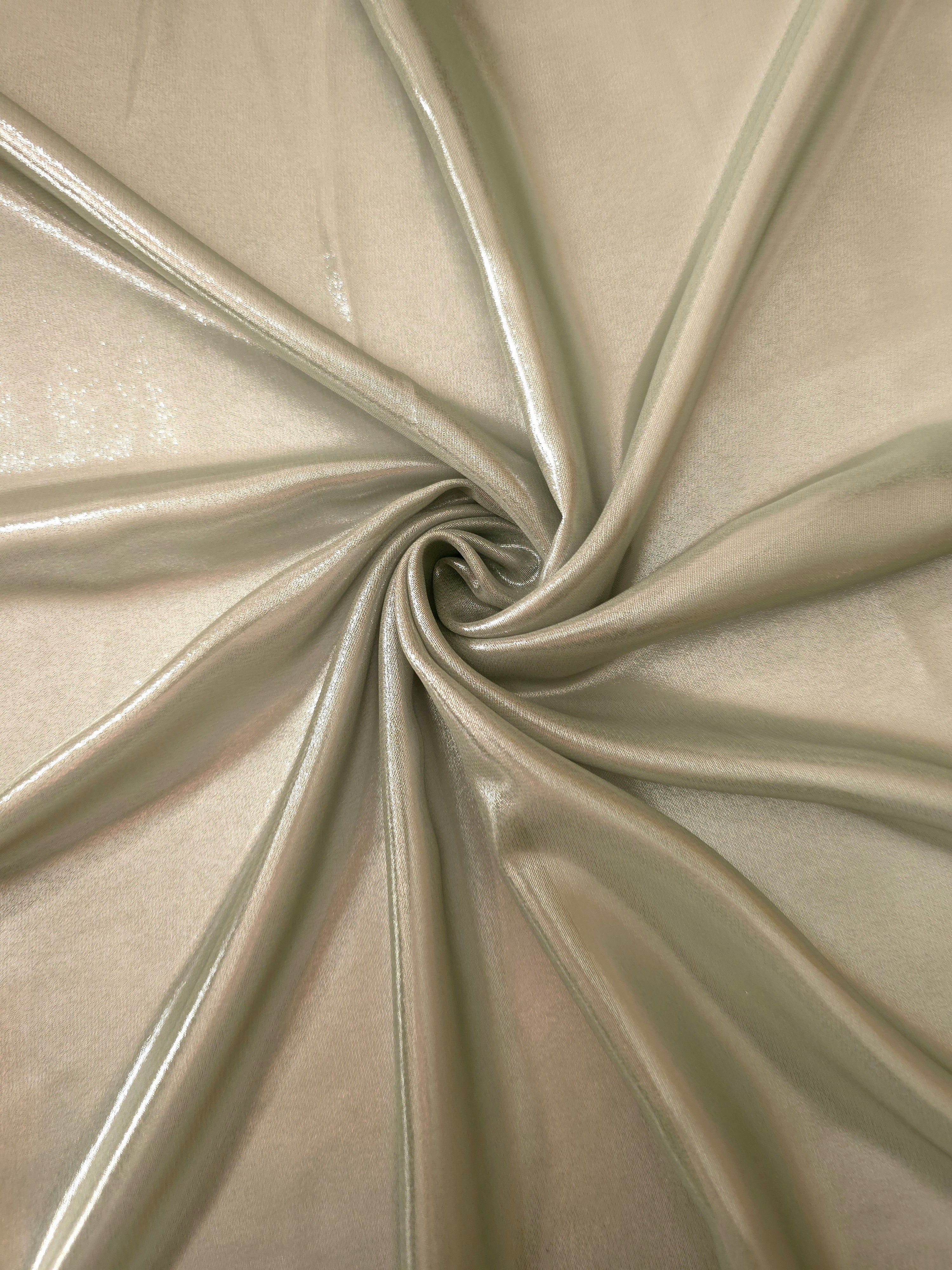 Silver sage shimmer close-up of liquid metallic shimmer chiffon fabric, showing lightweight reflective fabric texture and drape