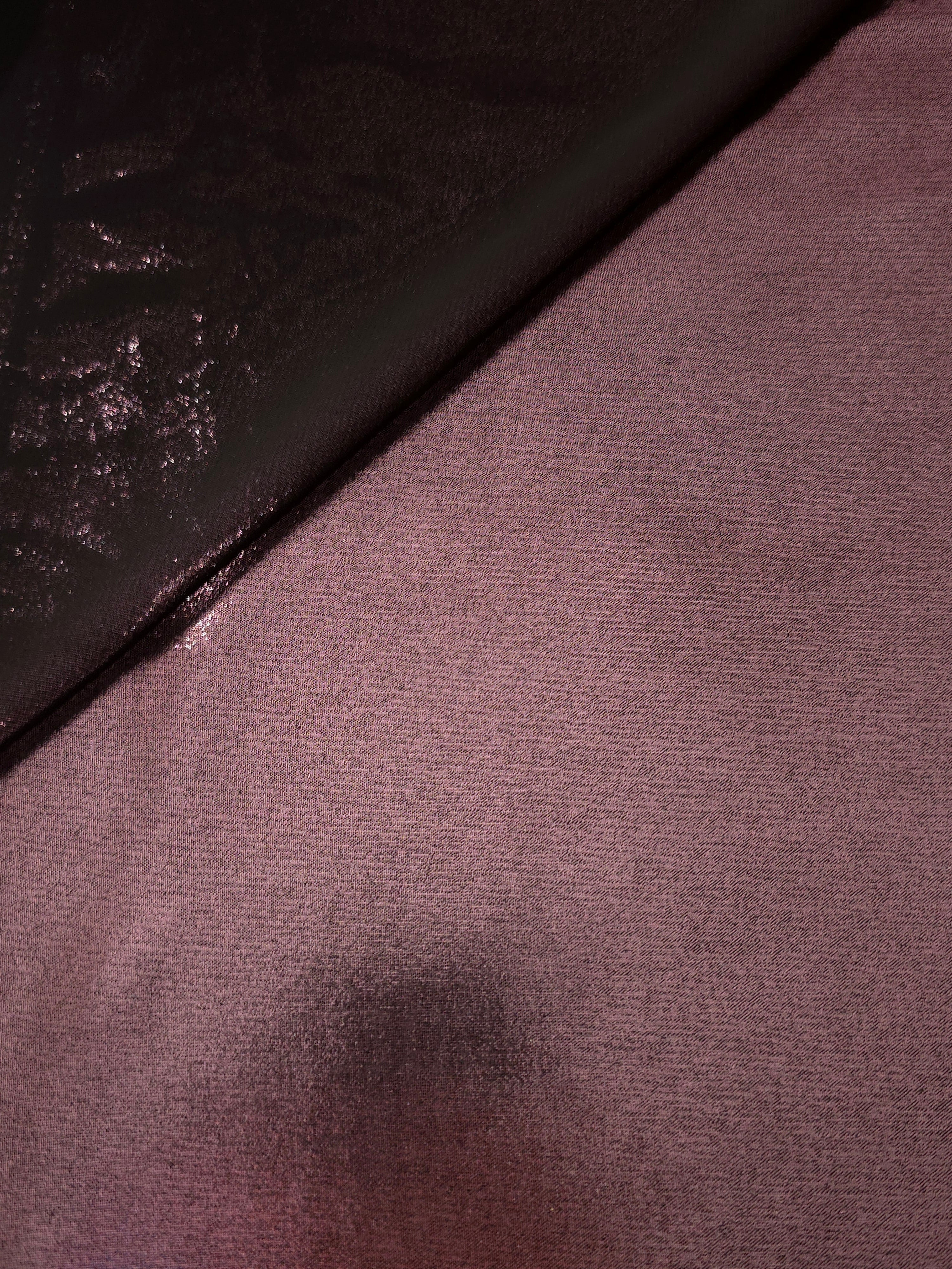 Smoky mauve soft draping view of liquid metallic shimmer chiffon fabric, highlighting fluid folds and reflective surface