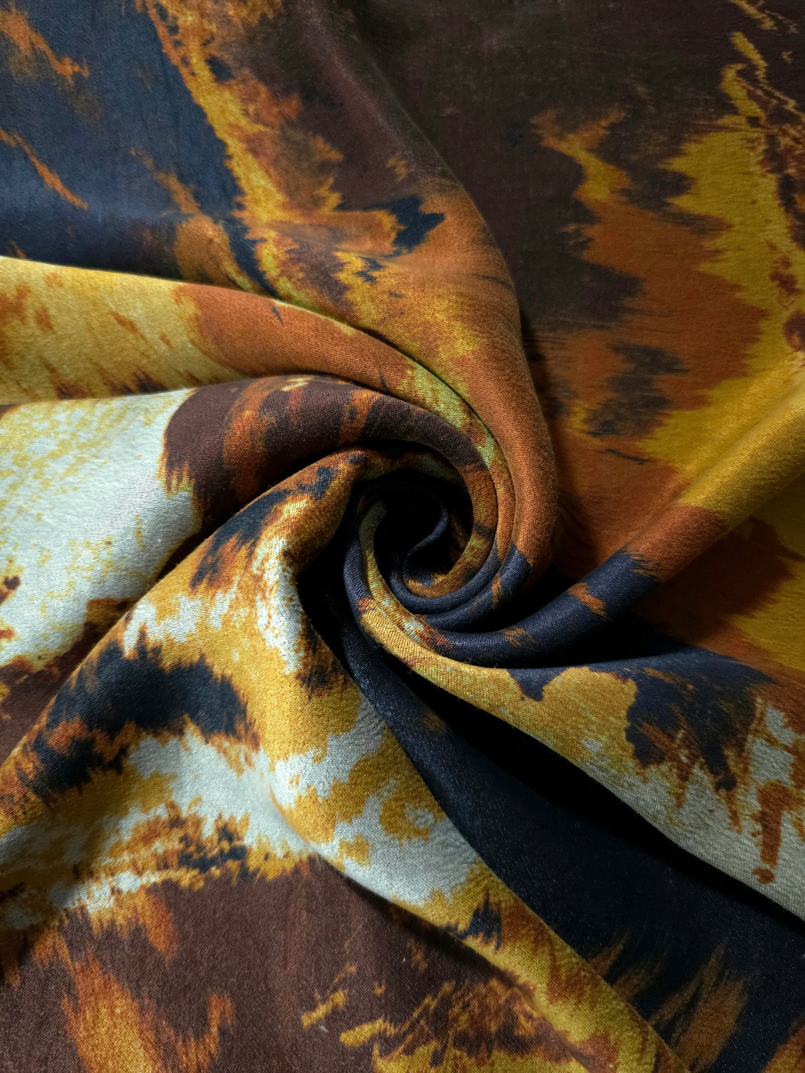 Swirl drape view of A-Gri D6957IJ9 lyocell viscose digital print fabric.