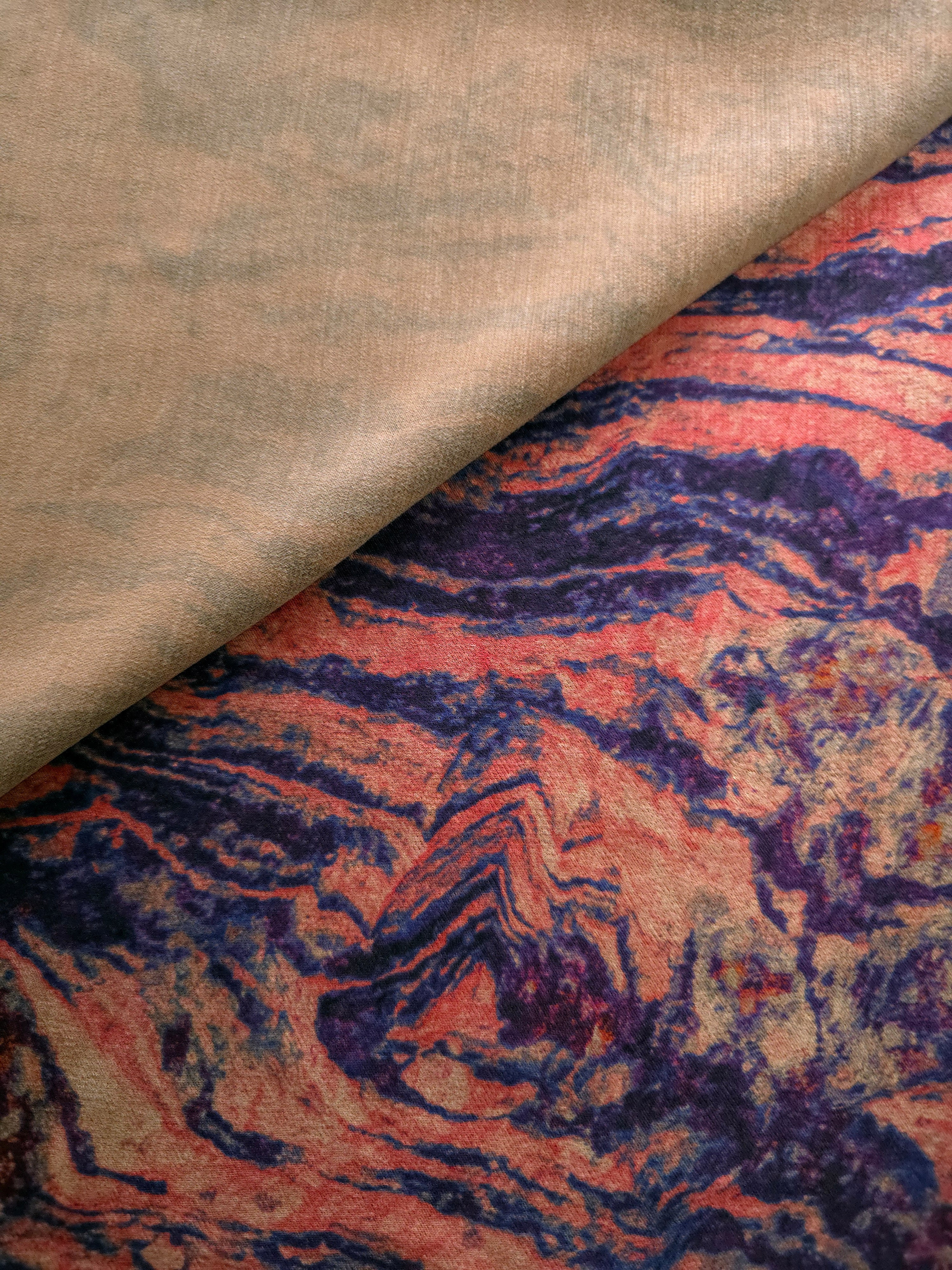 Soft drape folds of Kahve D7587IJ9 lyocell viscose digital print fabric.