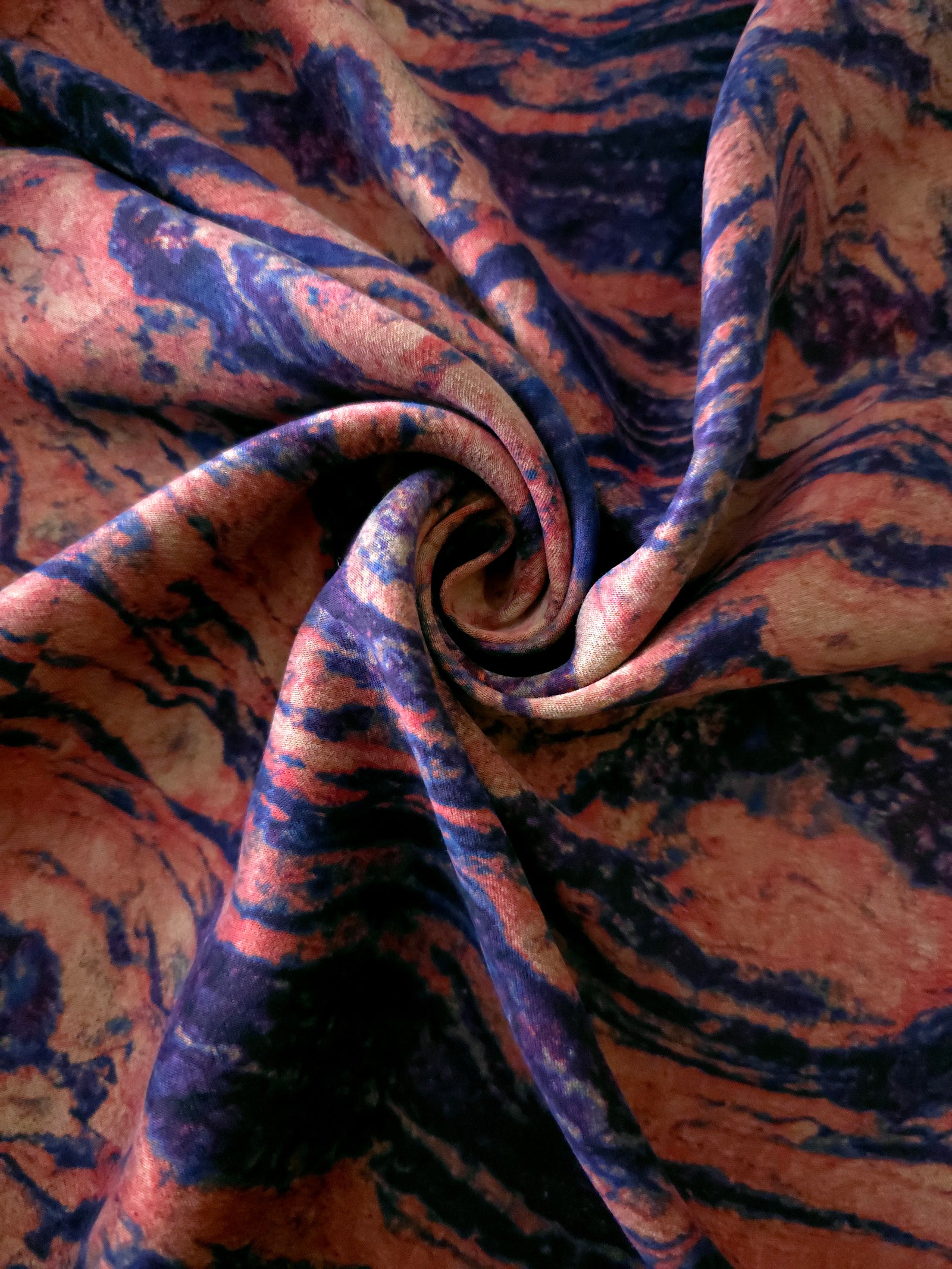 Swirl drape view of Kahve D7587IJ9 lyocell viscose digital print fabric.