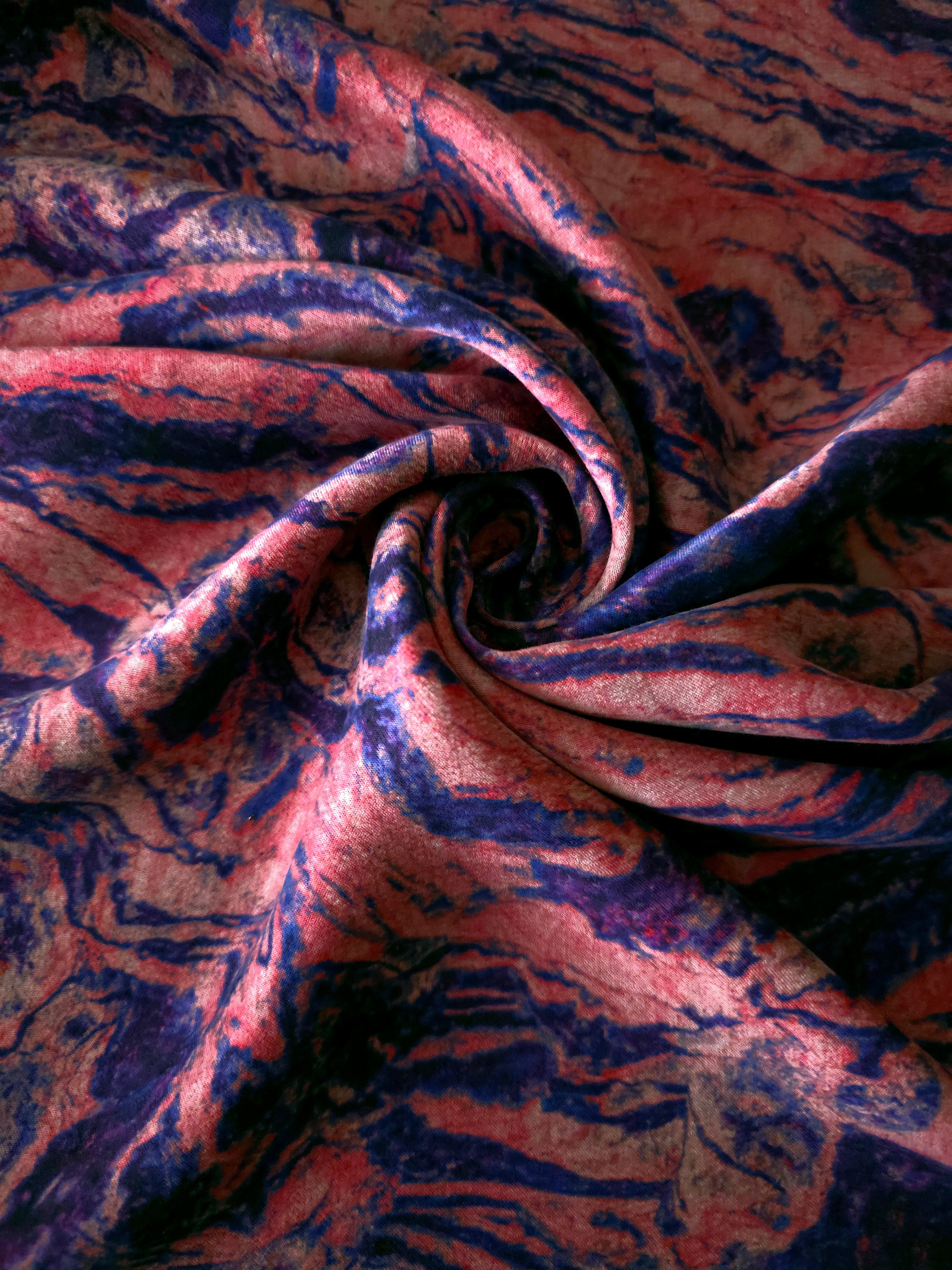 Swirl drape view of Pudra D7587IJ9 lyocell viscose digital print fabric.