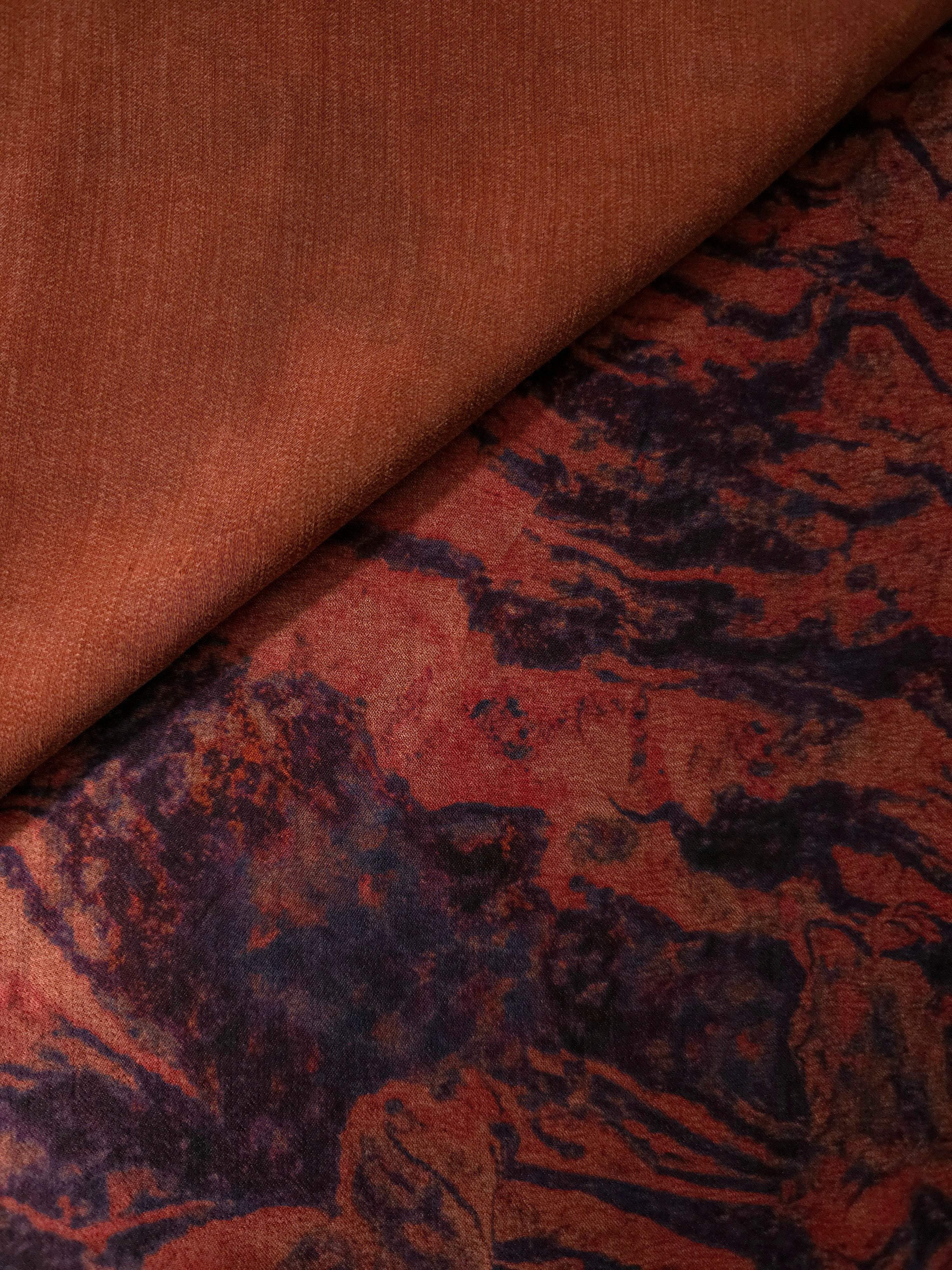 Soft drape folds of Taba D7587IJ9 lyocell viscose digital print fabric.