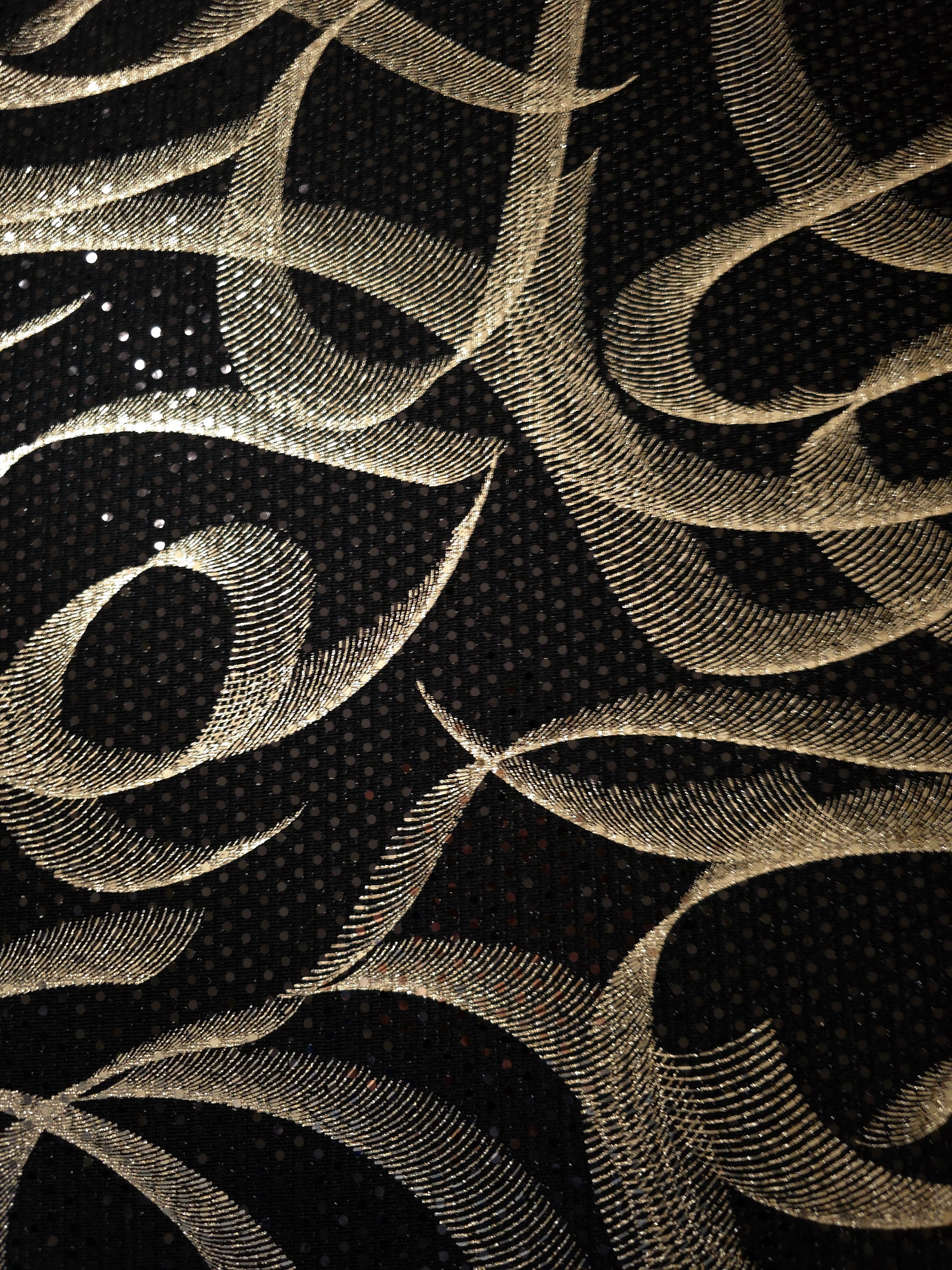 Soft Gold Abstract Ribbon metallic foil sequin tulle shown close up, revealing the embellished surface and sheer base for gown overlays, eventwear and embellished accessories.