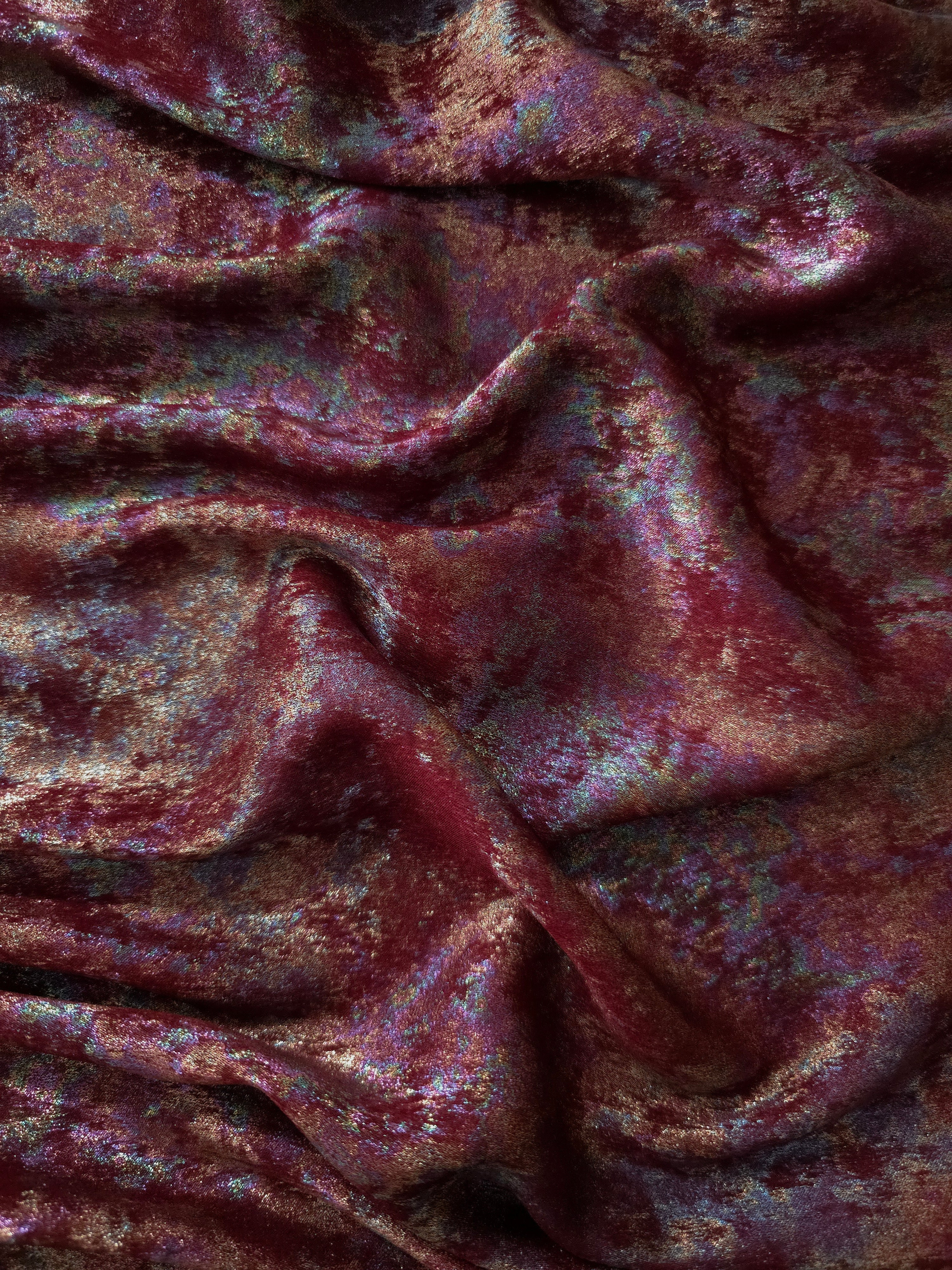 MilanSaten Rainbow Foil fabric in Burgundy, shade 04 — flowing fabric view
