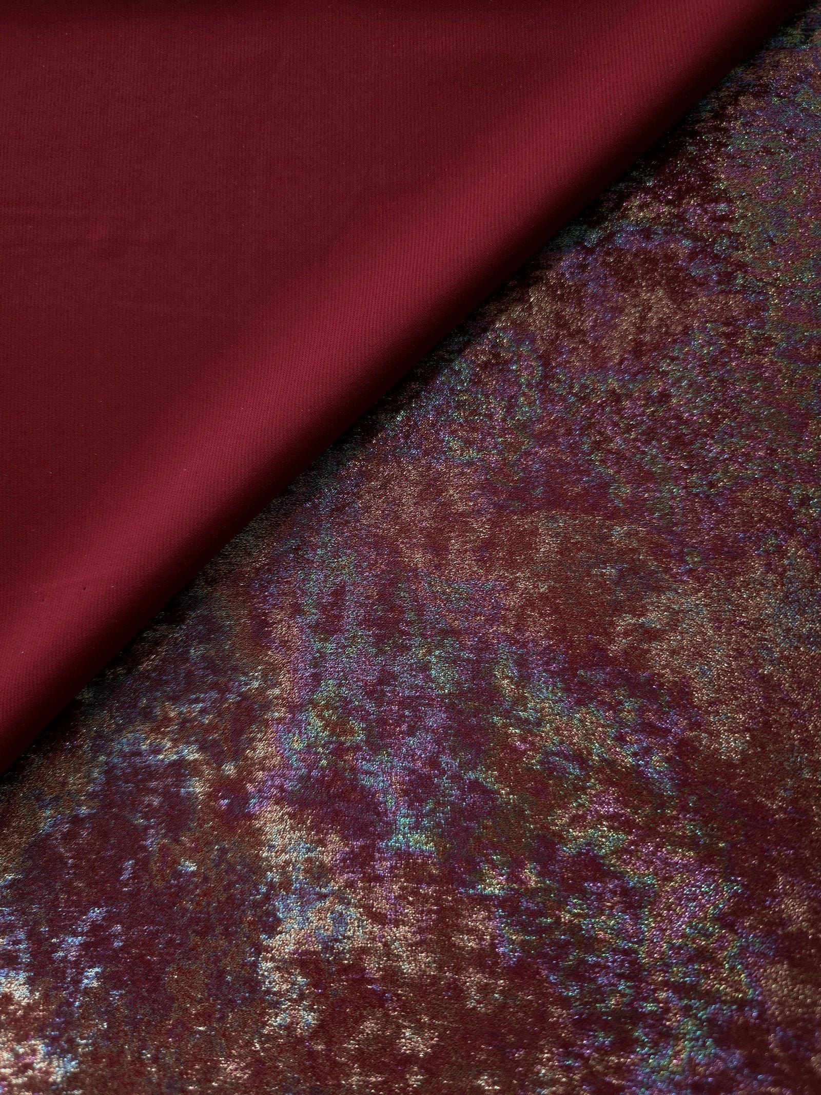 MilanSaten Rainbow Foil fabric in Burgundy, shade 04 — texture close-up