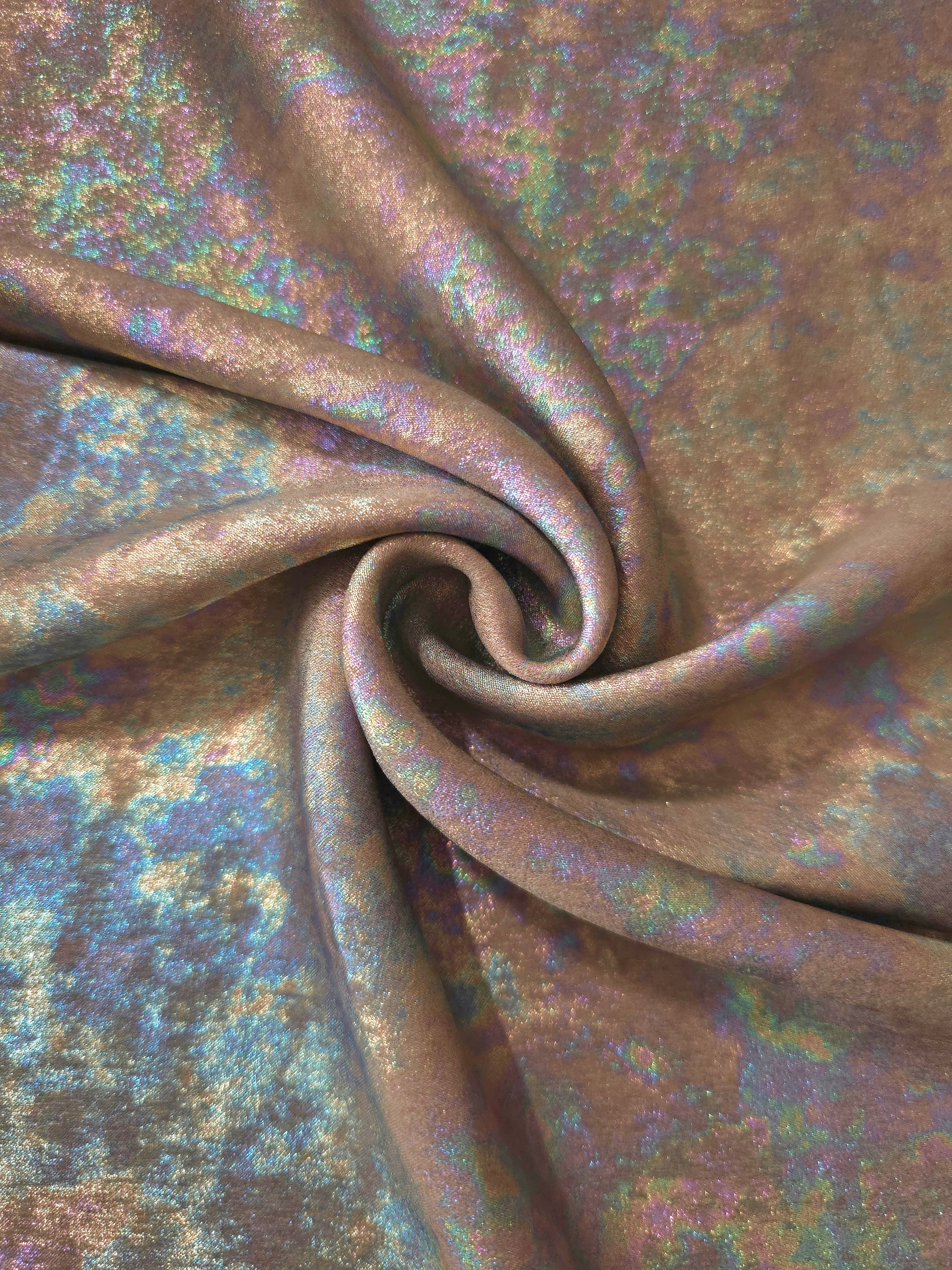MilanSaten Rainbow Foil fabric in Taupe, shade 06 — flowing fabric view