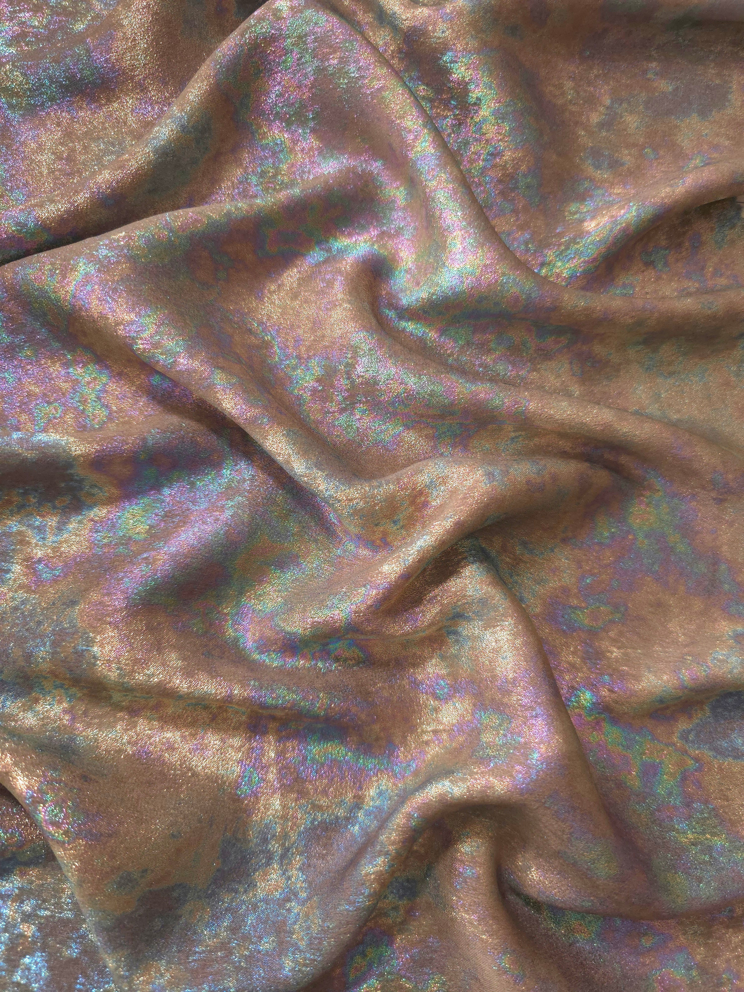 MilanSaten Rainbow Foil fabric in Taupe, shade 06 — rainbow foil detail