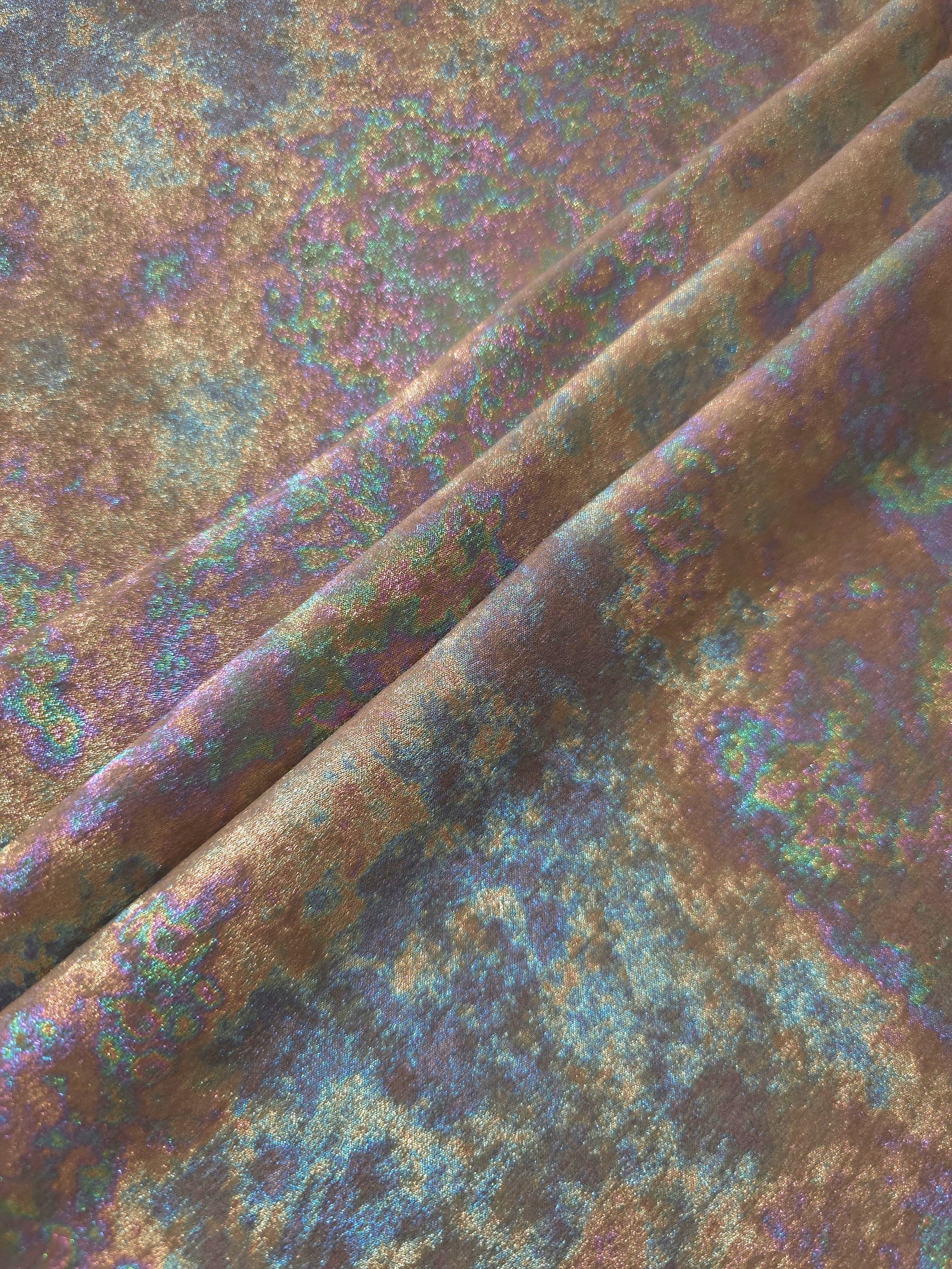 MilanSaten Rainbow Foil fabric in Taupe, shade 06 — macro shimmer close-up