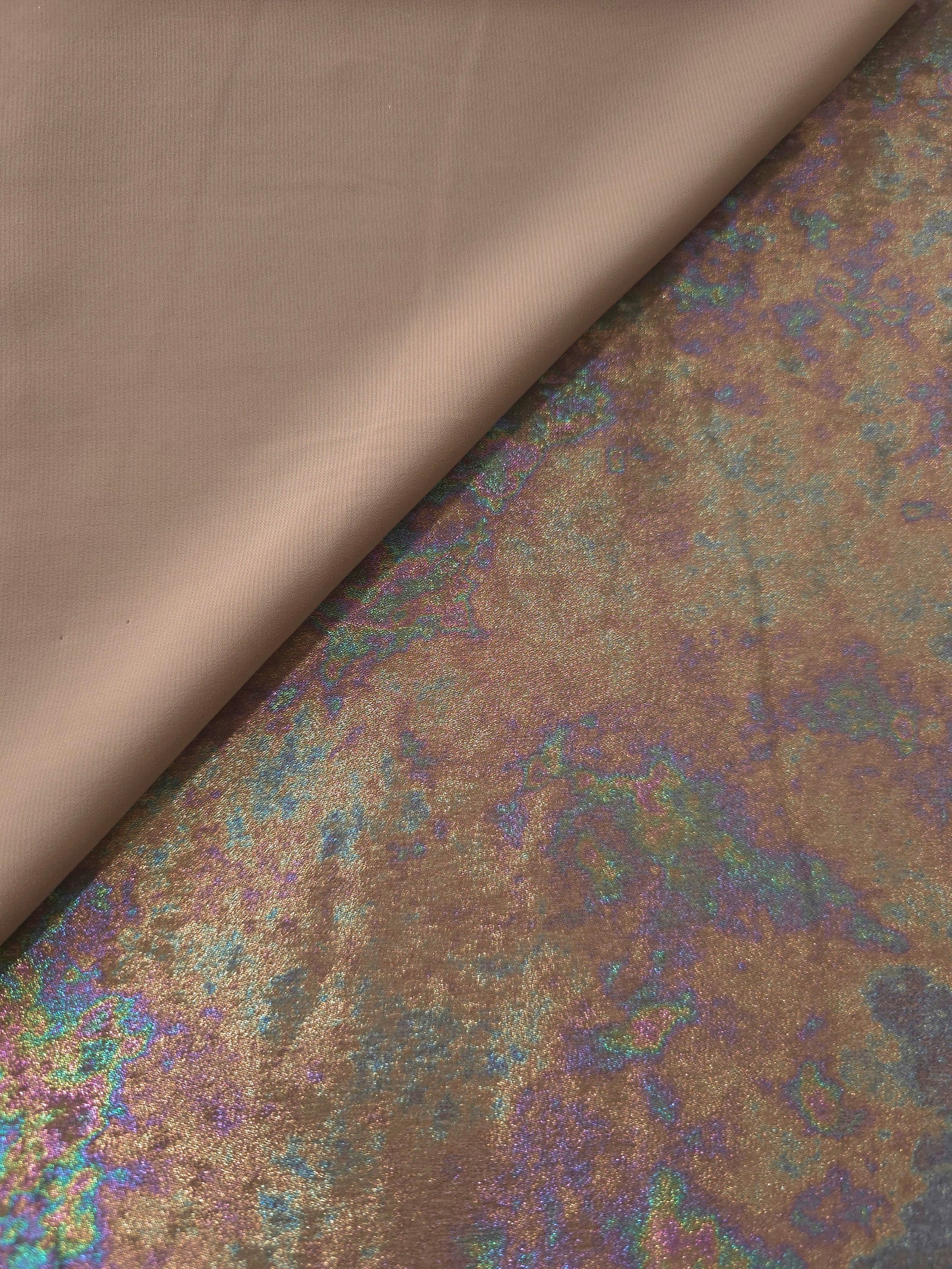 MilanSaten Rainbow Foil fabric in Taupe, shade 06 — texture close-up