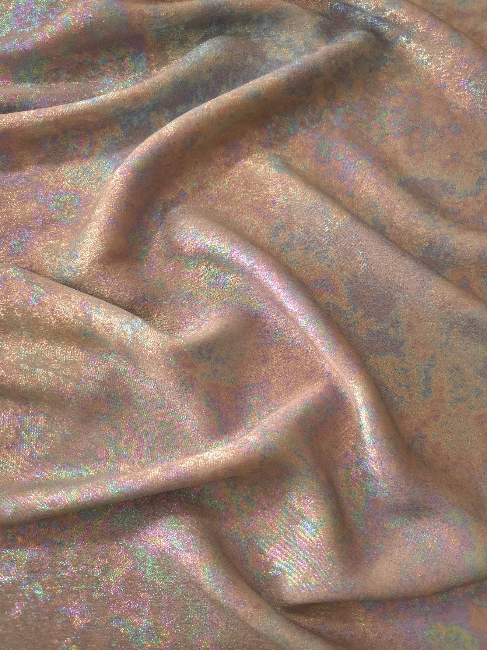 MilanSaten Rainbow Foil fabric in Blush Beige, shade 08 — macro shimmer close-up