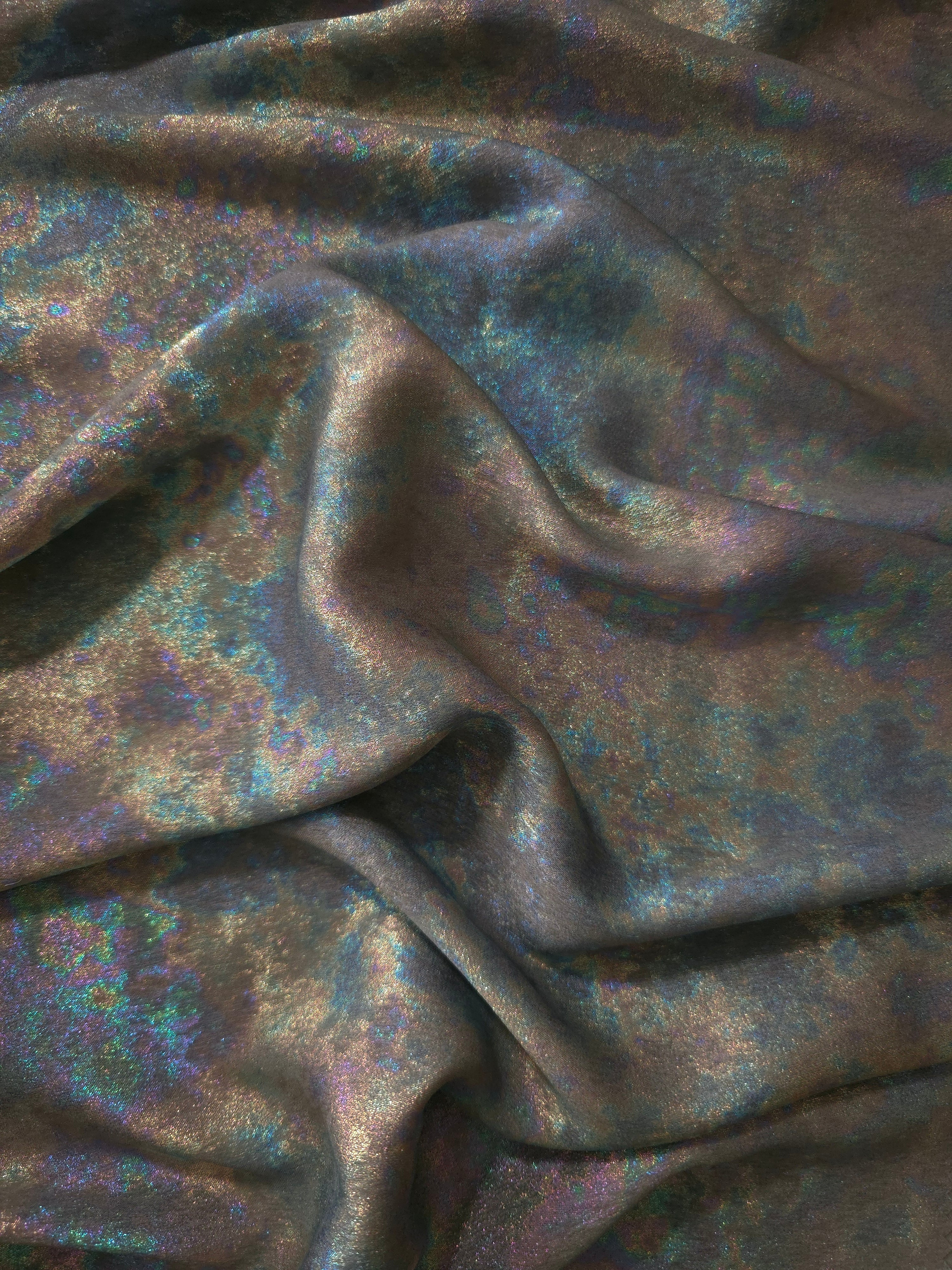 MilanSaten Rainbow Foil fabric in Graphite, shade 108 — rainbow foil detail