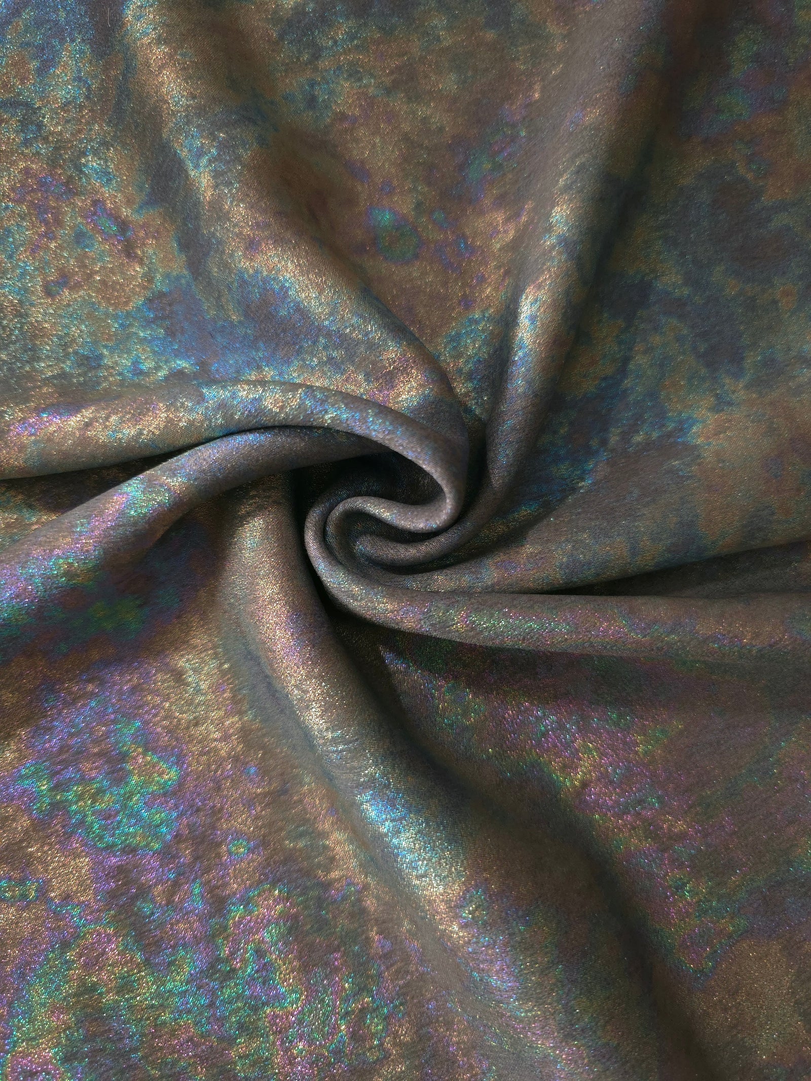 MilanSaten Rainbow Foil fabric in Graphite, shade 108 — macro shimmer close-up