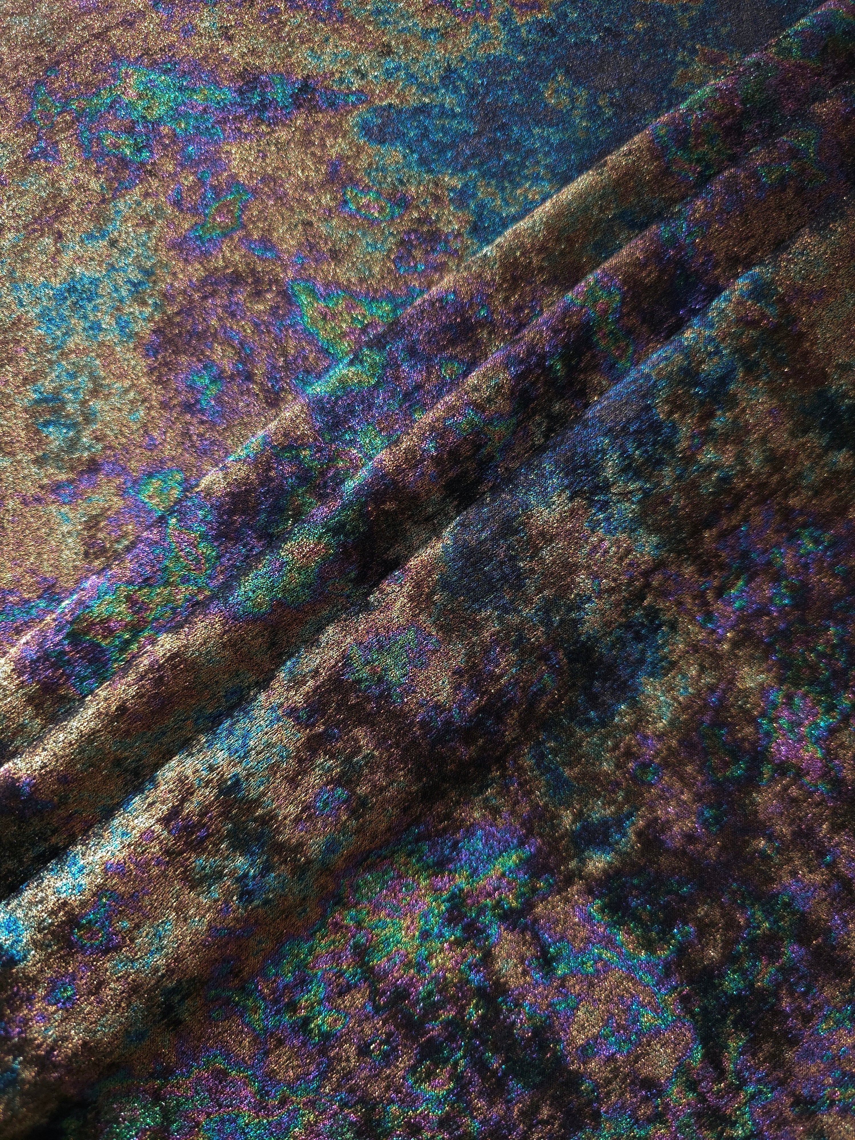 MilanSaten Rainbow Foil fabric in Teal Charcoal, shade 12 — flowing fabric view