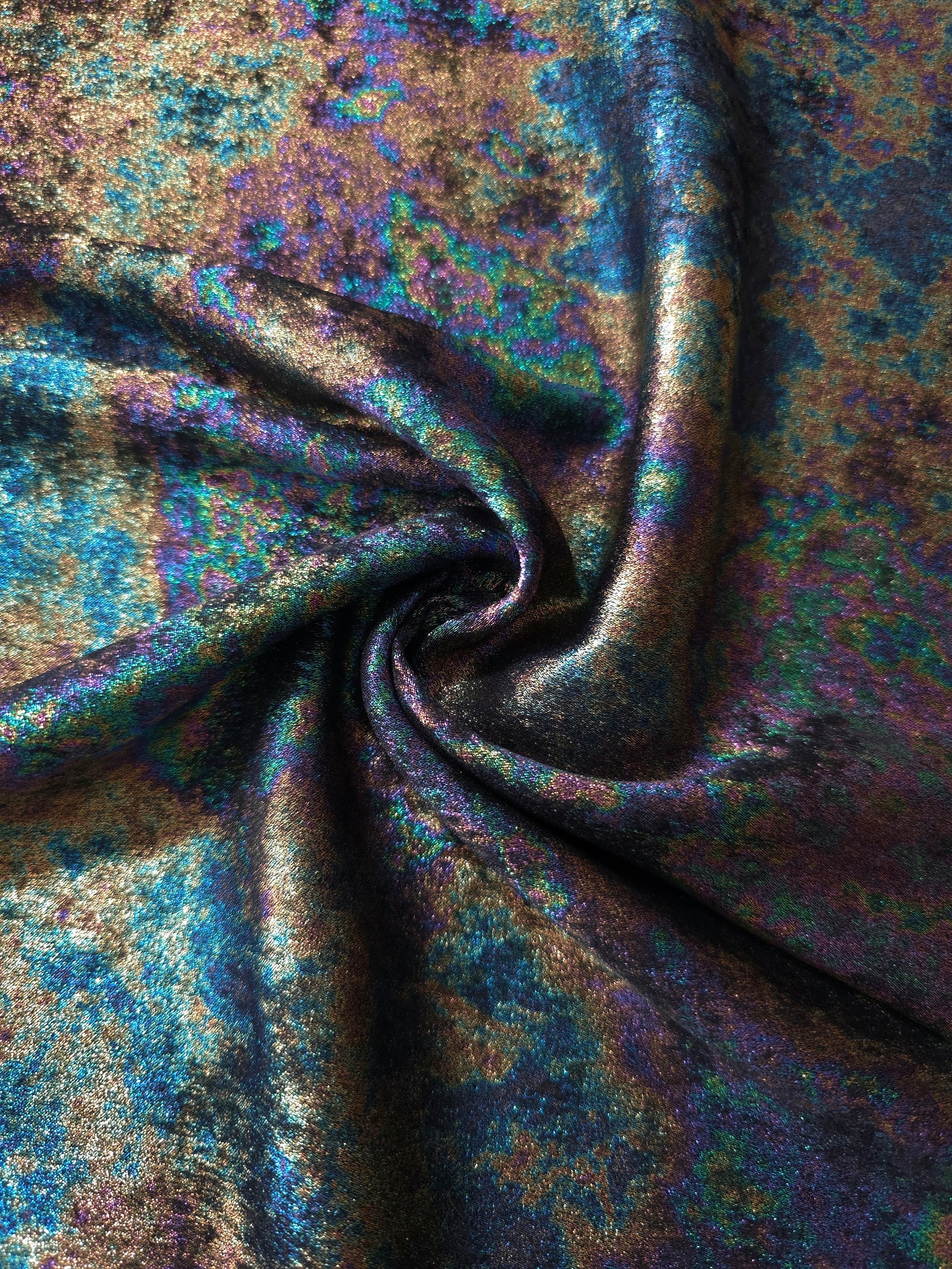 MilanSaten Rainbow Foil fabric in Teal Charcoal, shade 12 — rainbow foil detail
