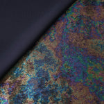 MilanSaten Rainbow Foil fabric in Teal Charcoal, shade 12 — full drape view