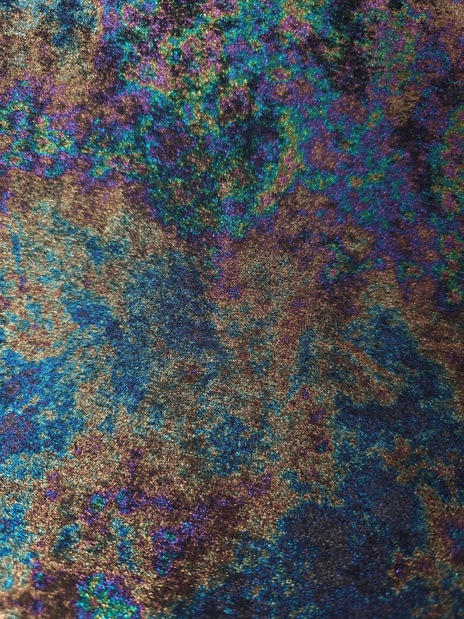 MilanSaten Rainbow Foil fabric in Teal Charcoal, shade 12 — macro shimmer close-up