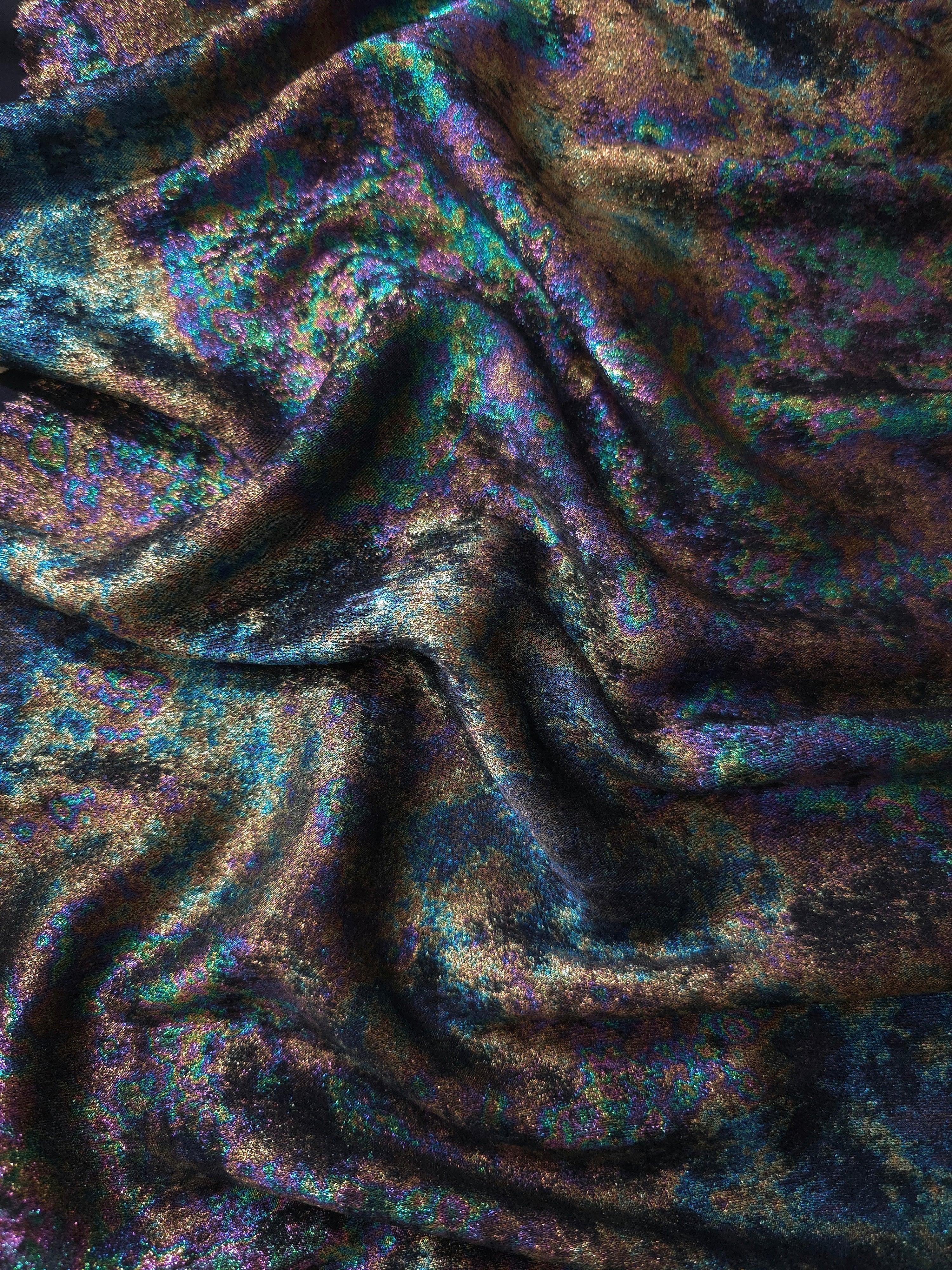 MilanSaten Rainbow Foil fabric in Teal Charcoal, shade 12 — texture close-up