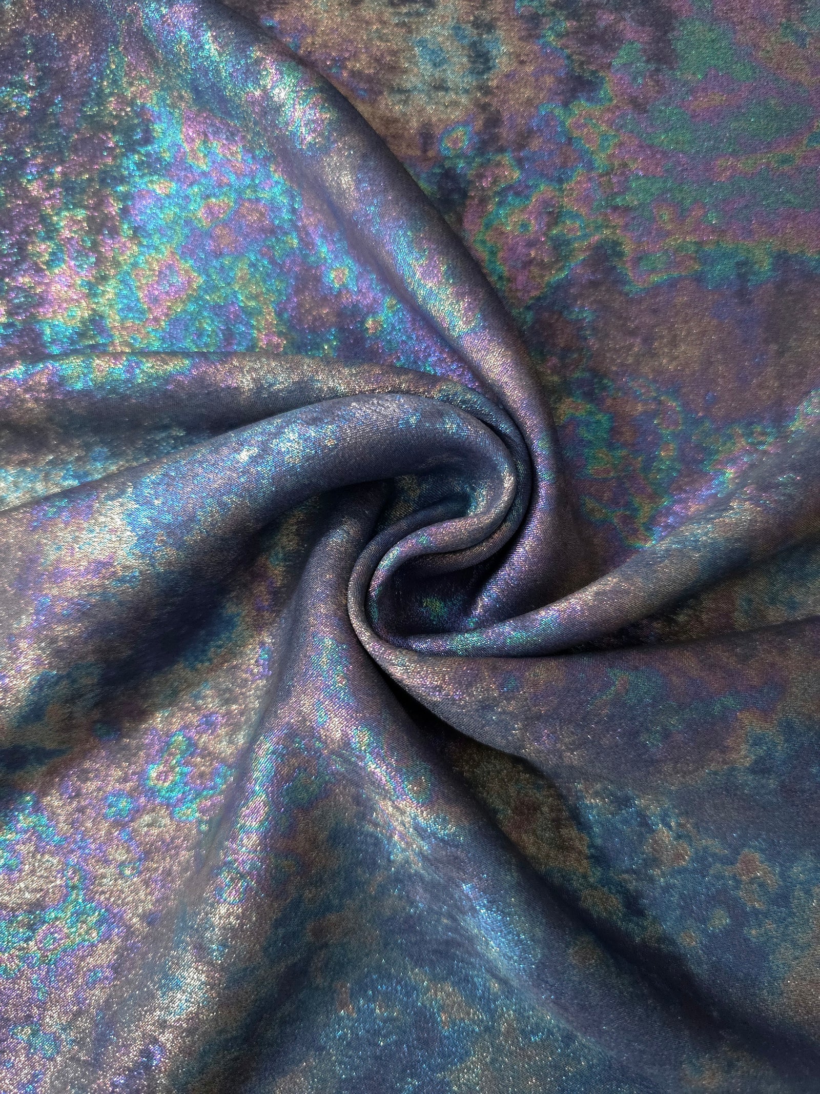 MilanSaten Rainbow Foil fabric in Slate Blue, shade 16 — flowing fabric view