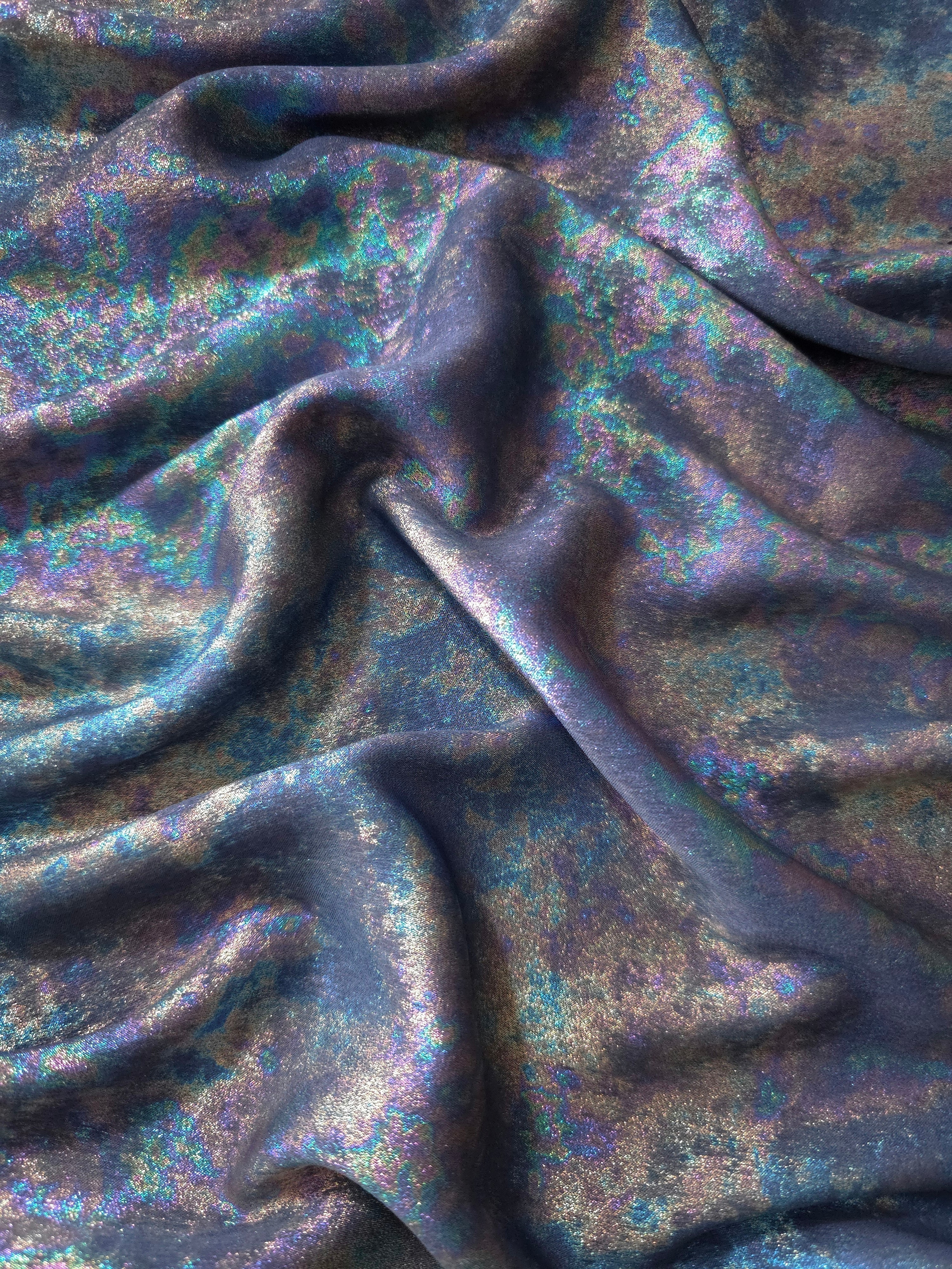 MilanSaten Rainbow Foil fabric in Slate Blue, shade 16 — rainbow foil detail