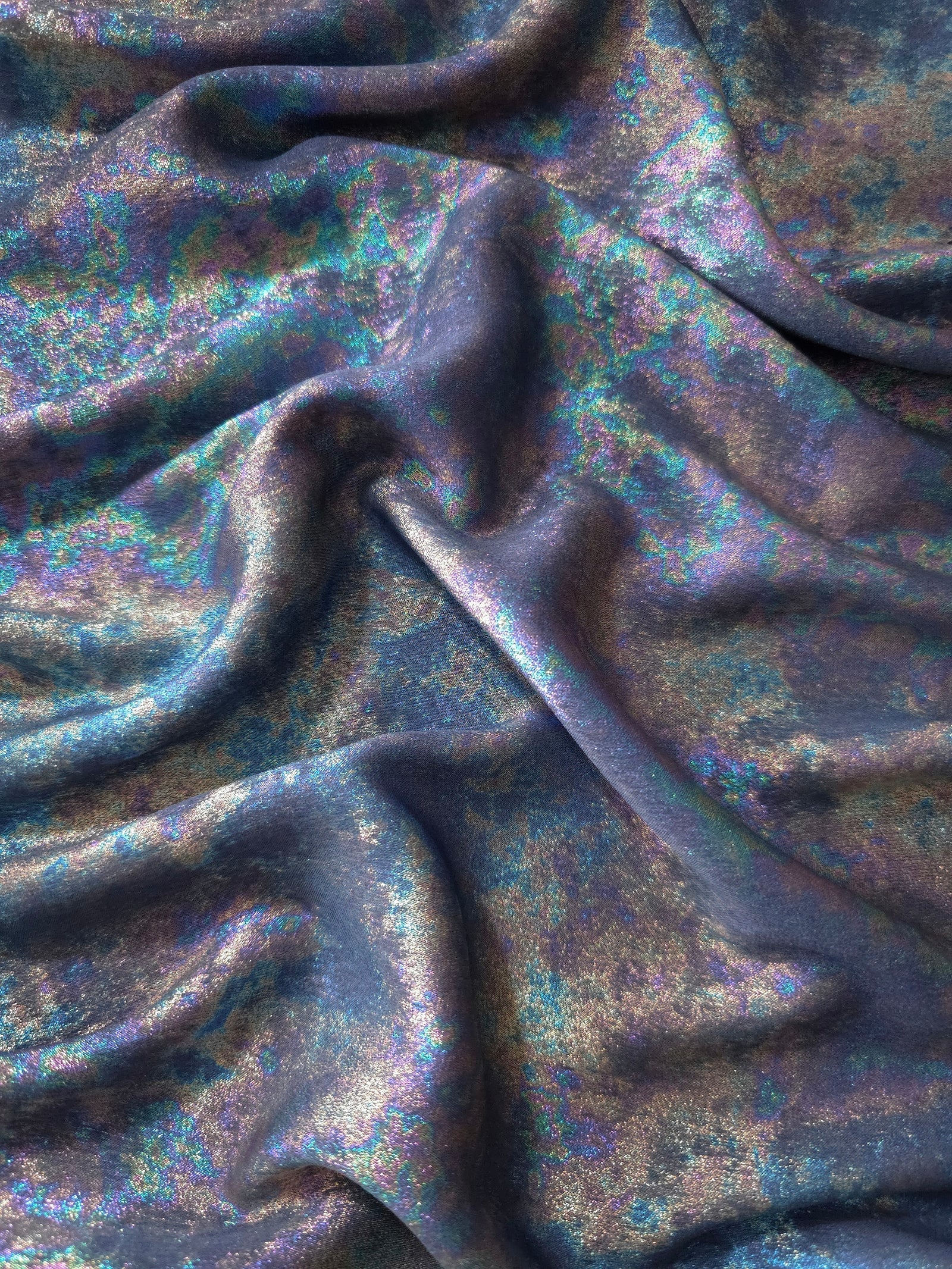 MilanSaten Rainbow Foil fabric in Slate Blue, shade 16 — rainbow foil detail