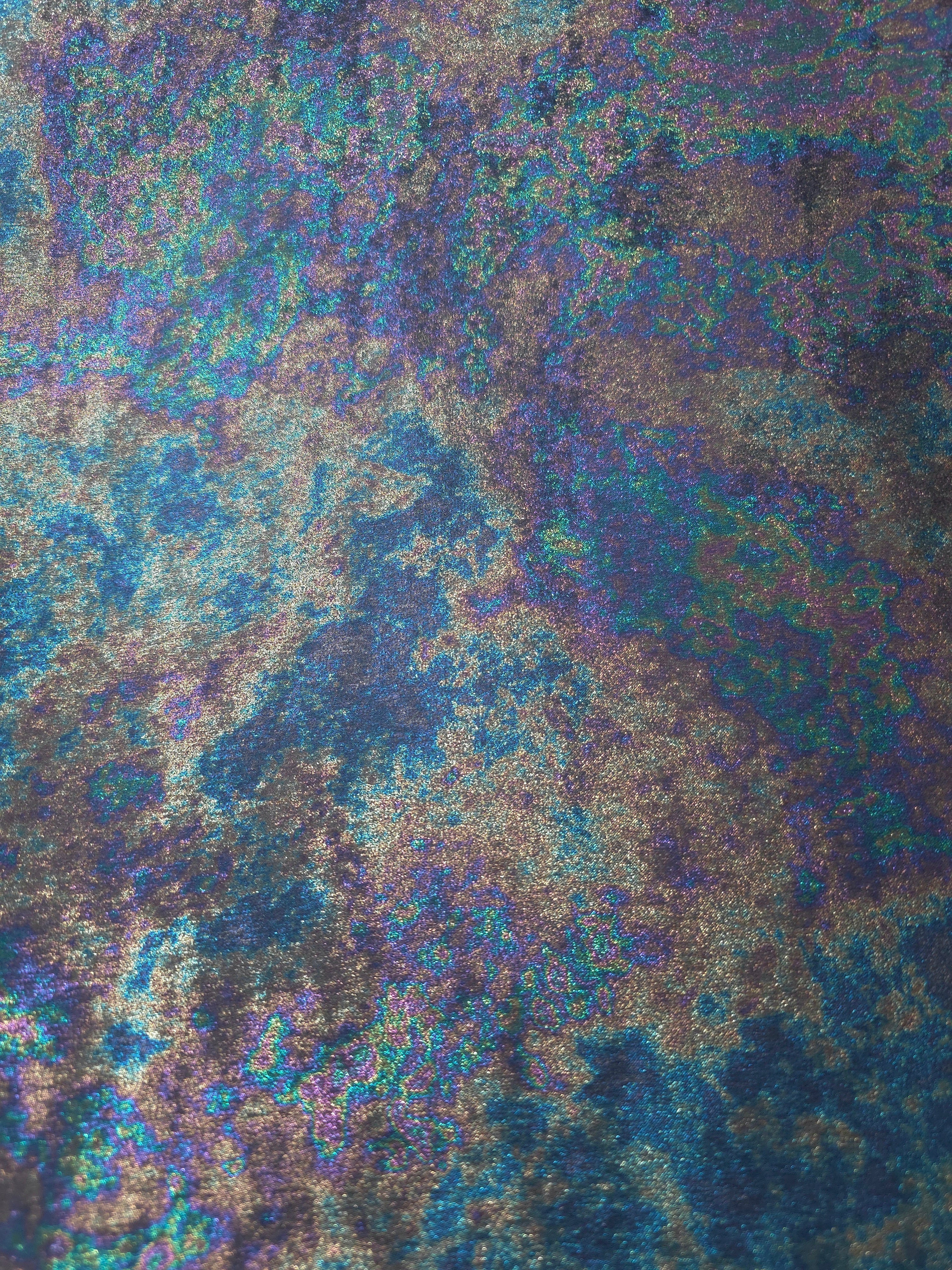 MilanSaten Rainbow Foil fabric in Slate Blue, shade 16 — full drape view