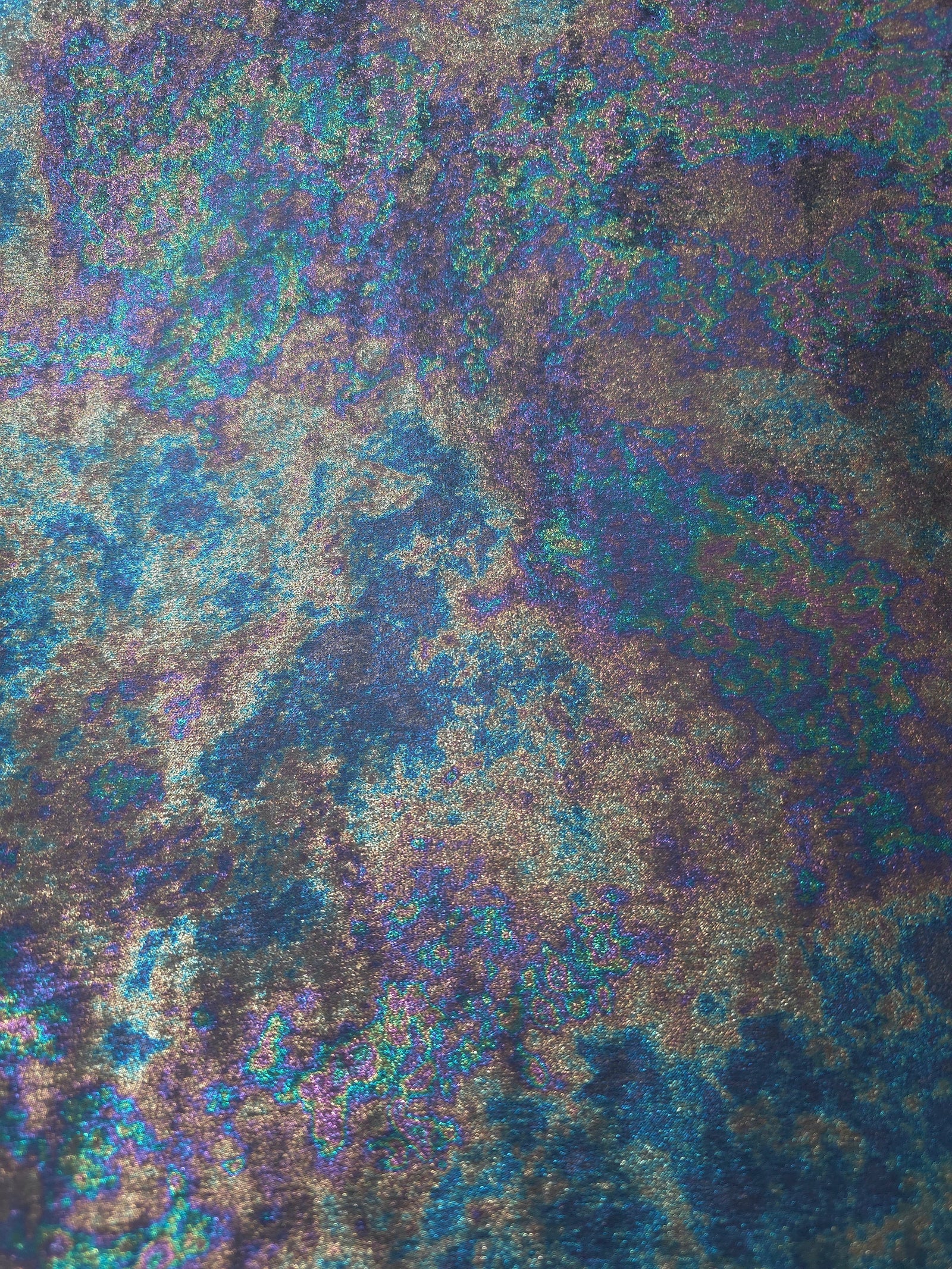 MilanSaten Rainbow Foil fabric in Slate Blue, shade 16 — full drape view