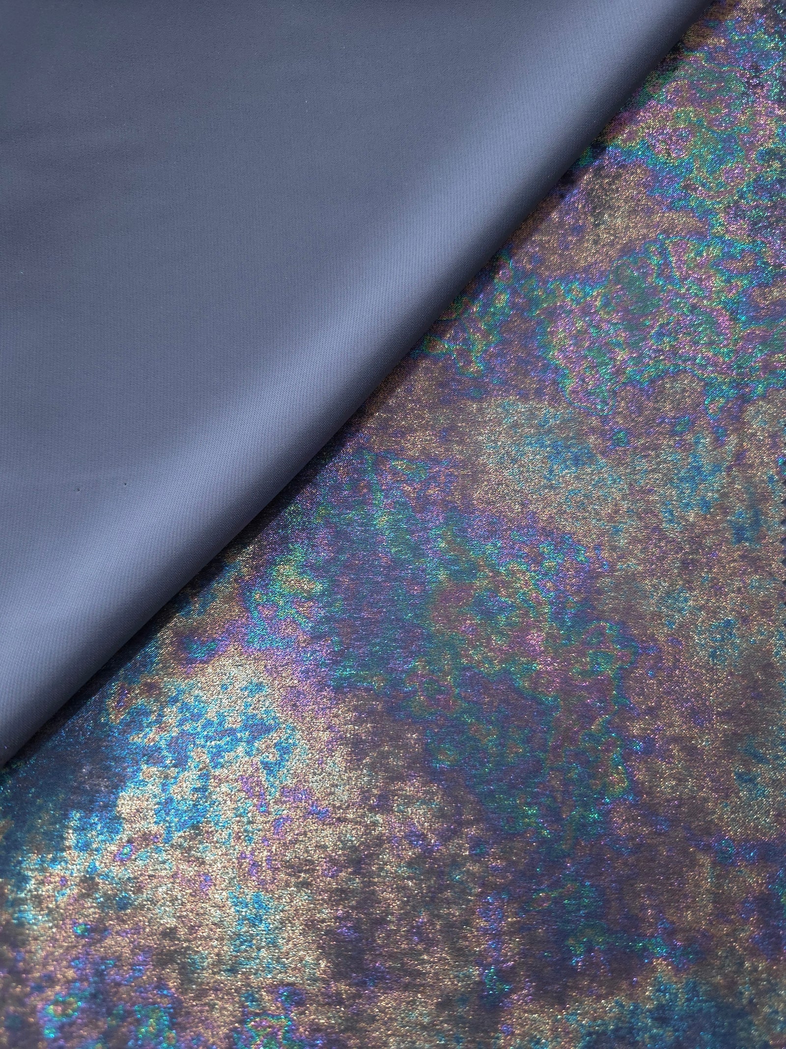 MilanSaten Rainbow Foil fabric in Slate Blue, shade 16 — texture close-up