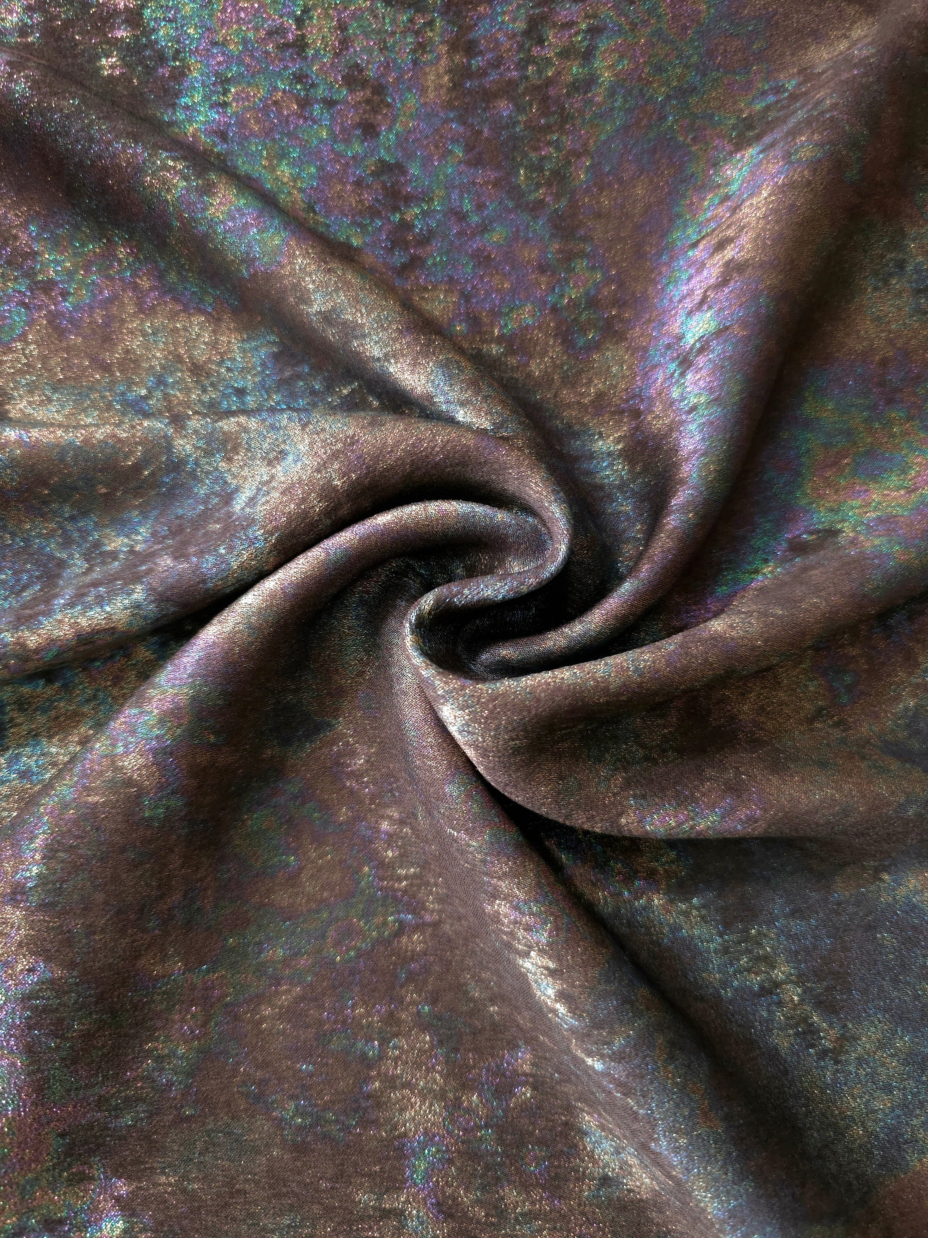 MilanSaten Rainbow Foil fabric in Mocha, shade 45 — flowing fabric view