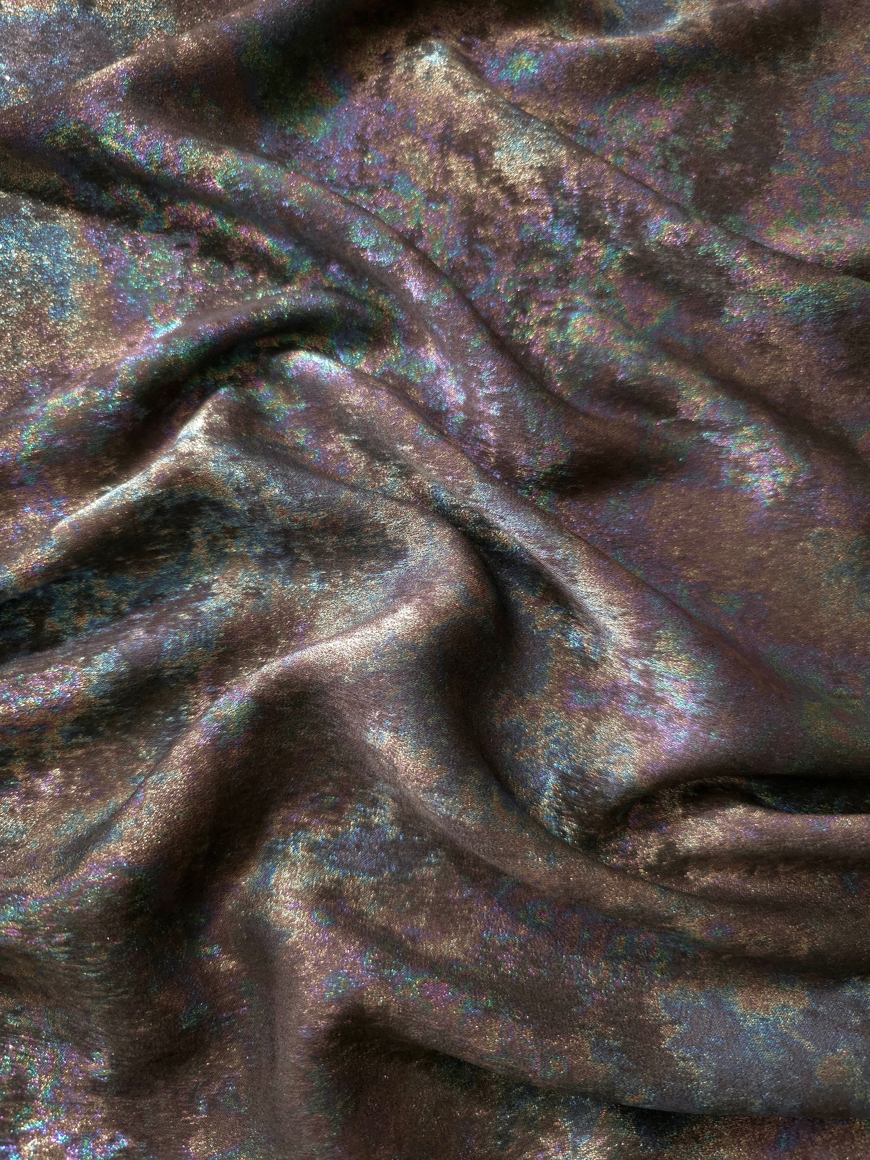 MilanSaten Rainbow Foil fabric in Mocha, shade 45 — rainbow foil detail