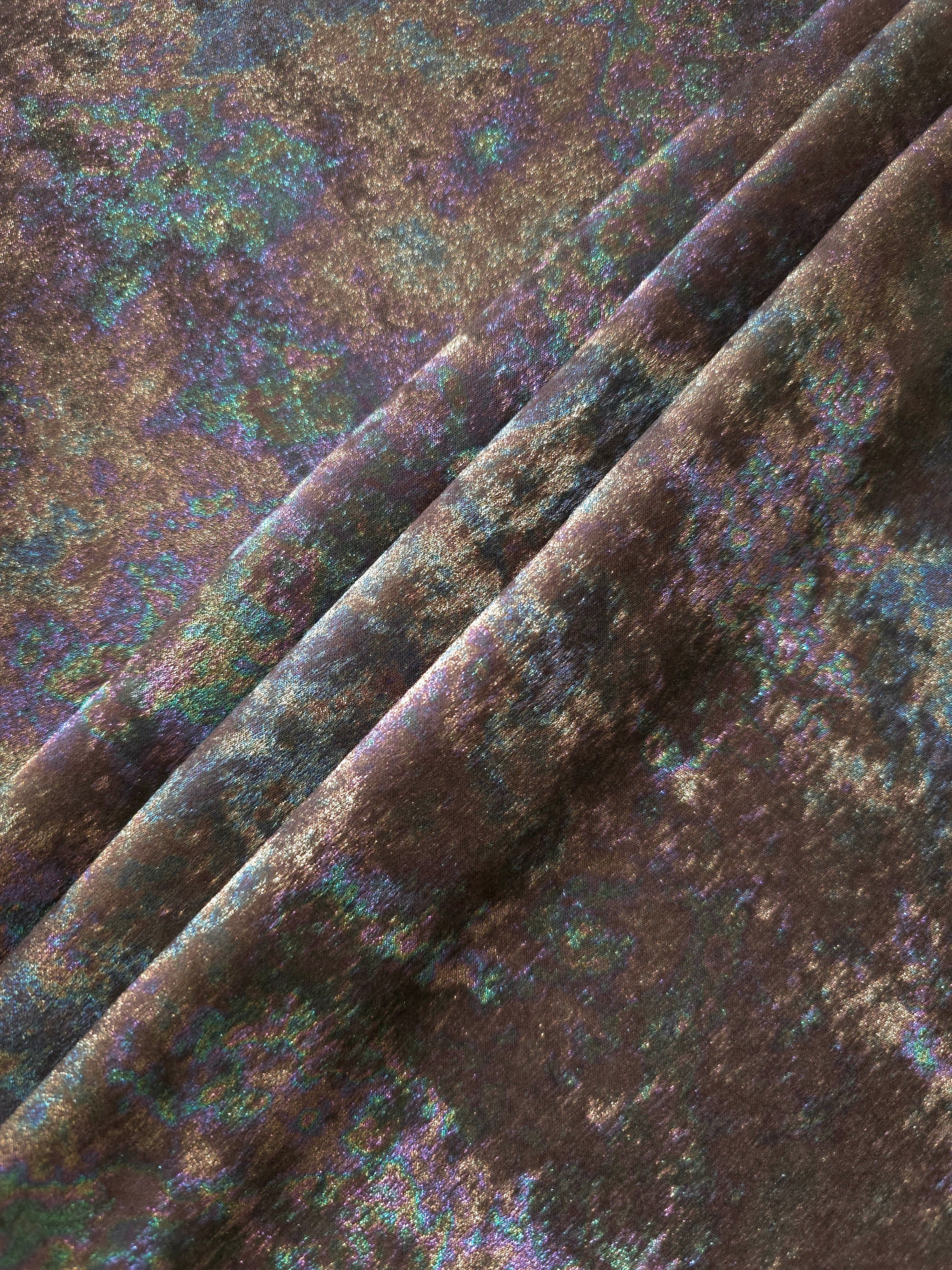 MilanSaten Rainbow Foil fabric in Mocha, shade 45 — macro shimmer close-up