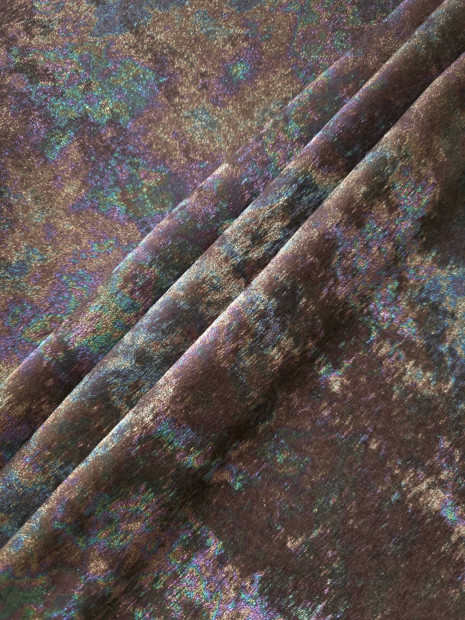 MilanSaten Rainbow Foil fabric in Mocha, shade 45 — macro shimmer close-up