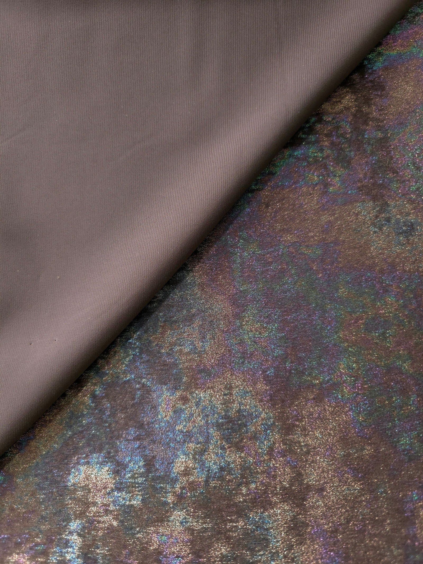 MilanSaten Rainbow Foil fabric in Mocha, shade 45 — texture close-up