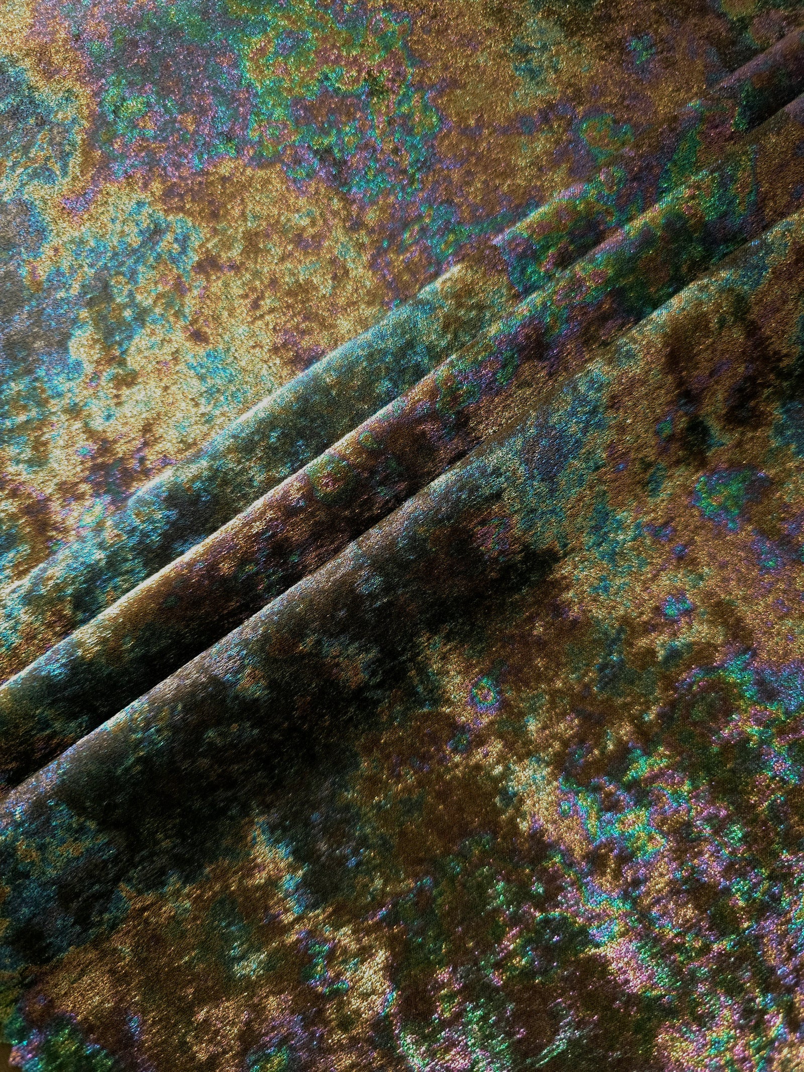 MilanSaten Rainbow Foil fabric in Olive Brown, shade 59 — flowing fabric view