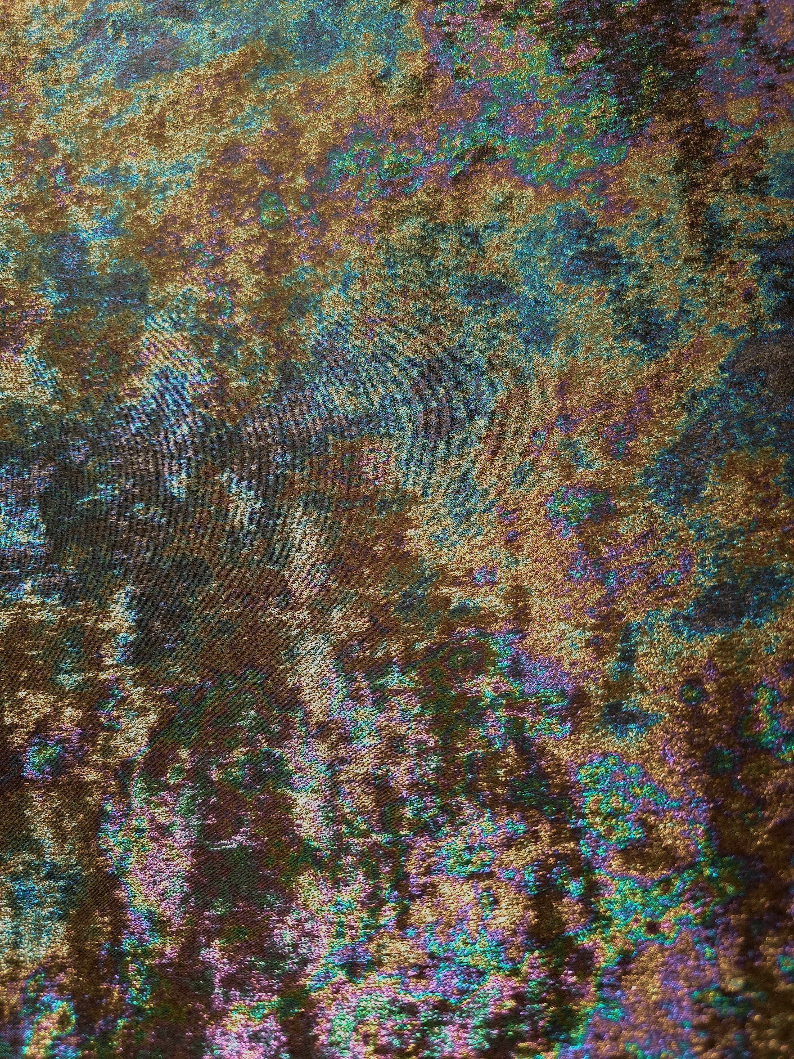 MilanSaten Rainbow Foil fabric in Olive Brown, shade 59 — full drape view