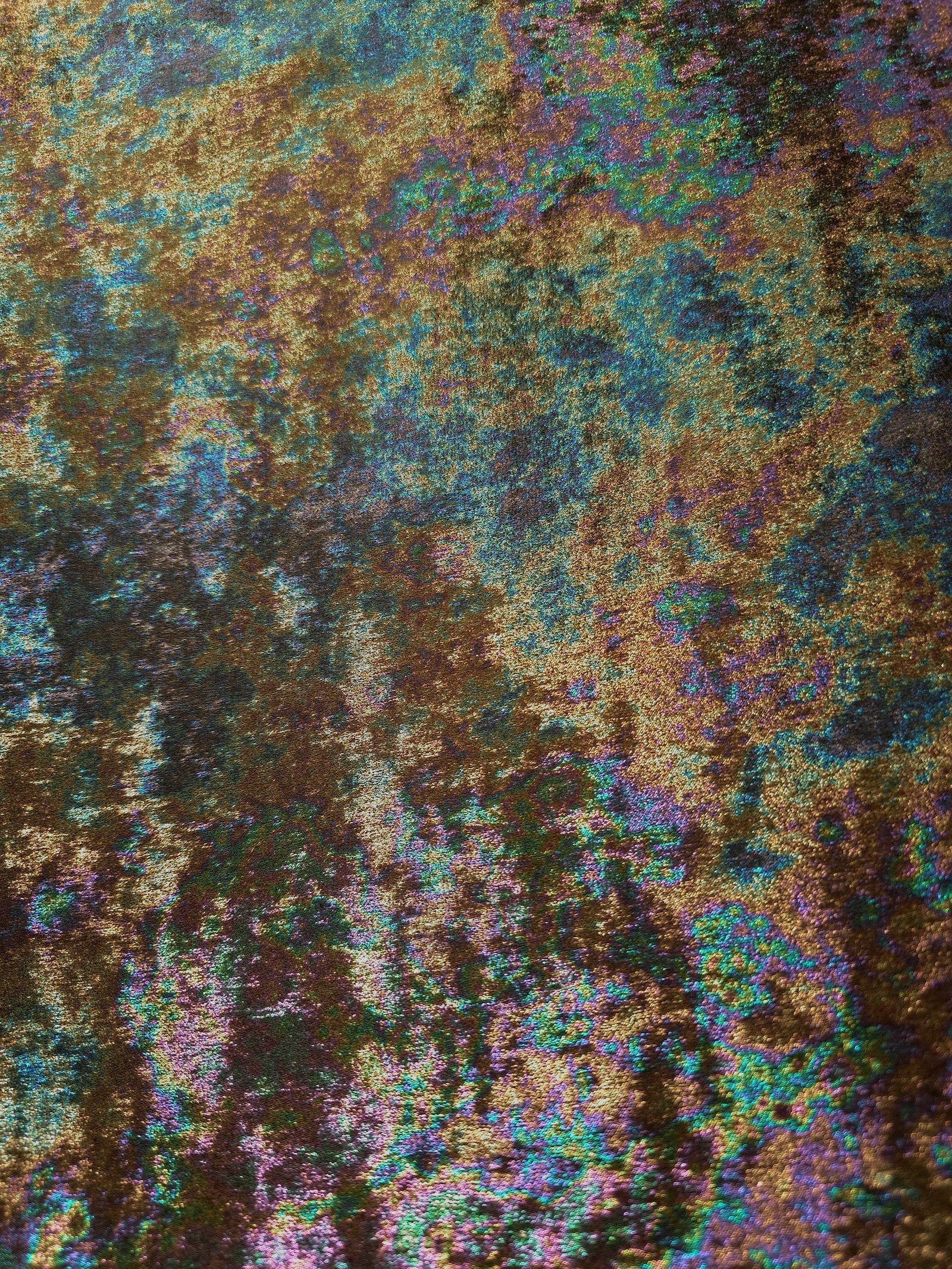 MilanSaten Rainbow Foil fabric in Olive Brown, shade 59 — full drape view