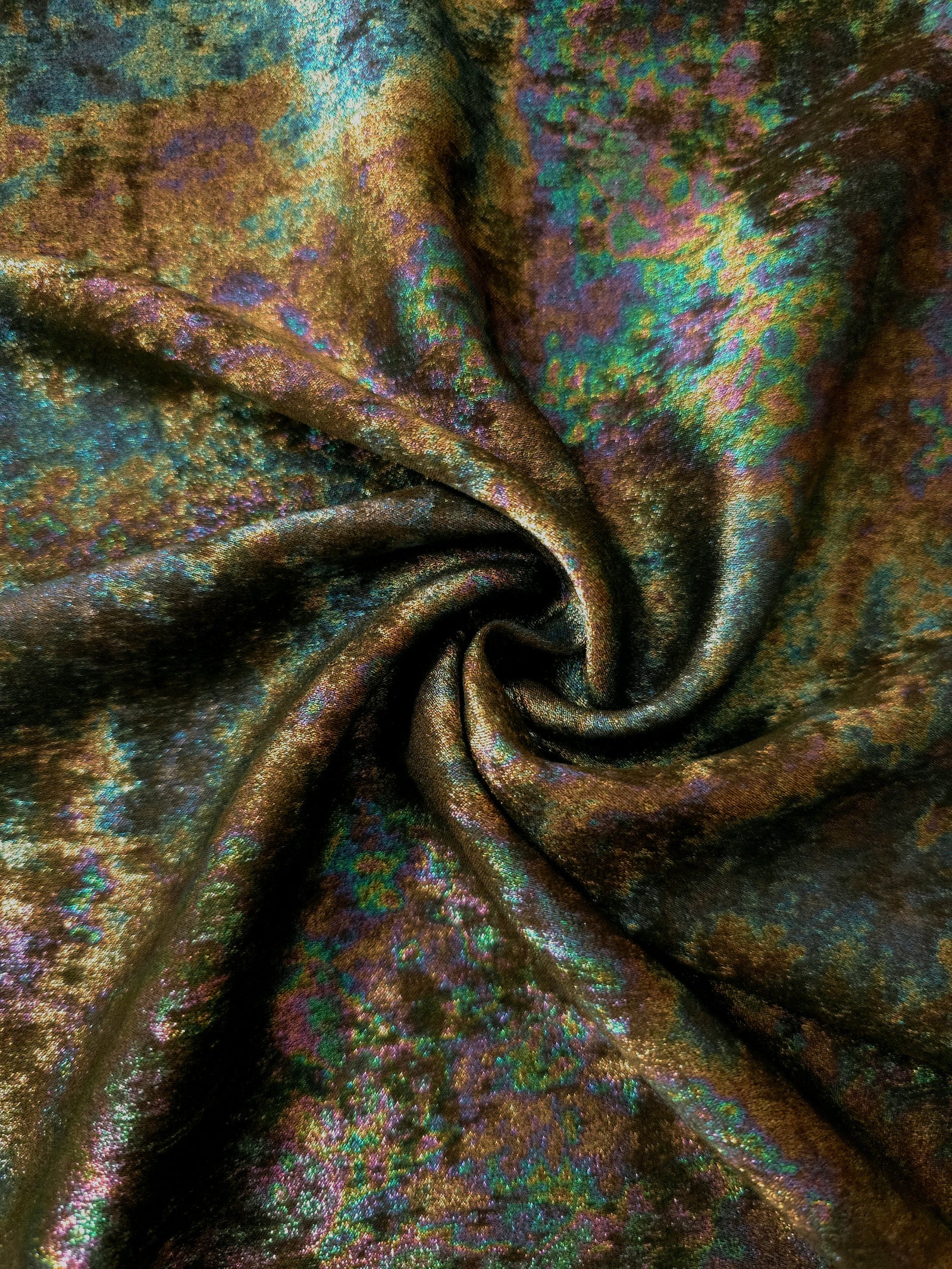 MilanSaten Rainbow Foil fabric in Olive Brown, shade 59 — macro shimmer close-up